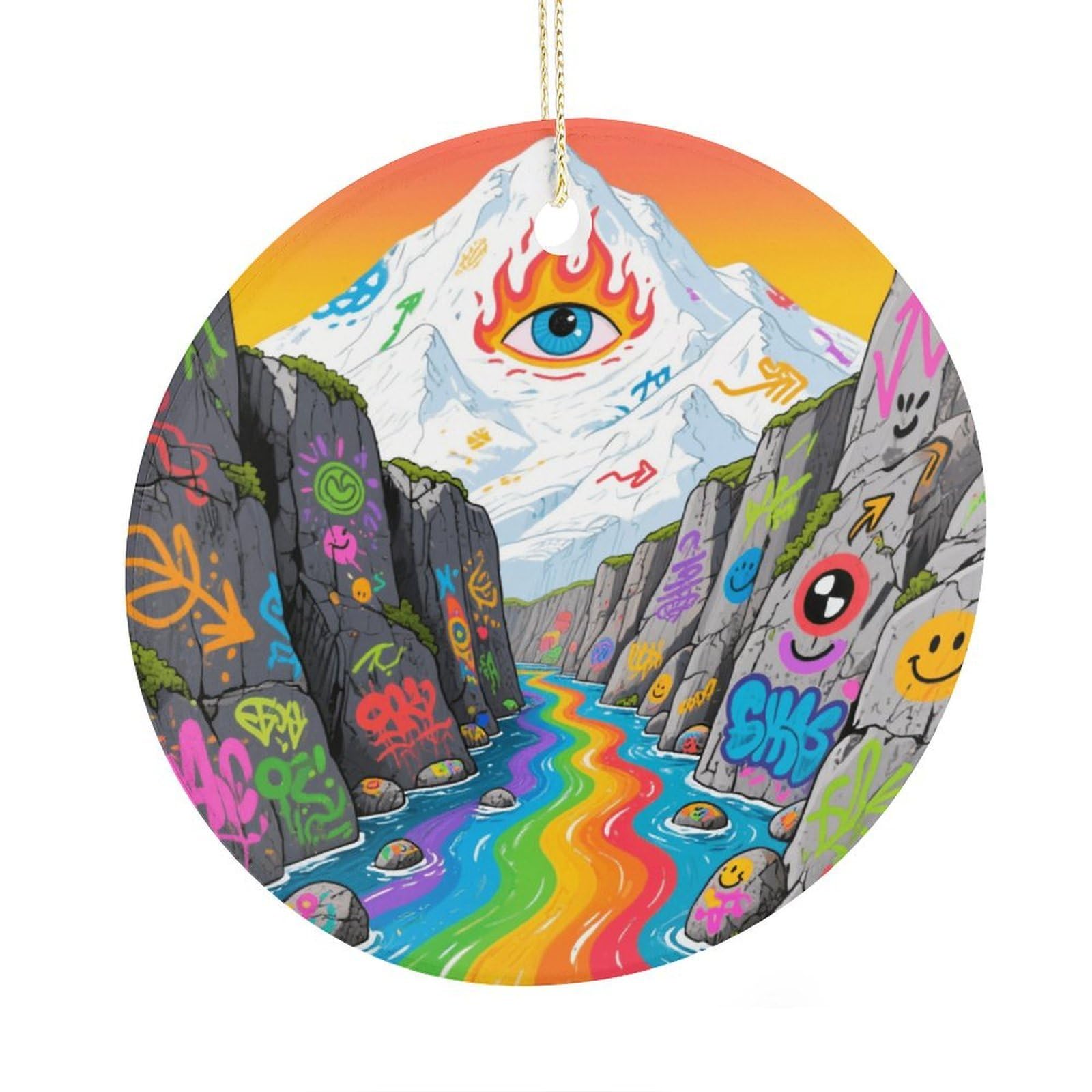 Fekiloot Style Graffiti Snow Mountain Valley Christmas Ornaments 2.9 Inch Round Ceramic Ornament Keepsake Thank You Gifts For Office, Room, Home - Holiday Present Ideas