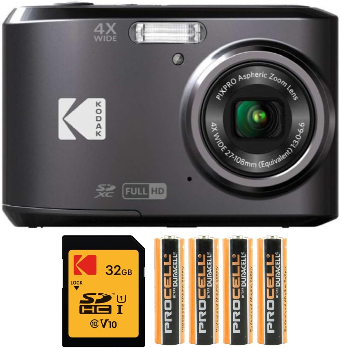 Paquete de cámara digital Kodak PIXPRO FZ45 (negra) | Tarjeta de memoria SDHC UHS-I U1 Clase 10 de 32 GB, pilas alcalinas AA de alto rendimiento, (3 artículos)