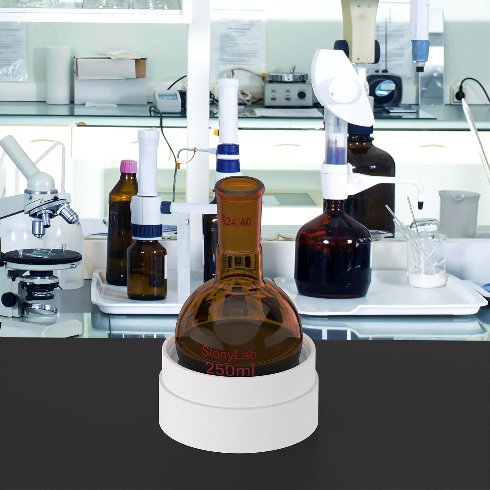stonylab Matrazzo a Fondo Rotondo Marrone con Collo Singolo, Giunto Standard 24/40, Vetro Borosilicato Resistente al Calore e Chimica, Ideale per Riscaldamento e Distillazione, 250 ml