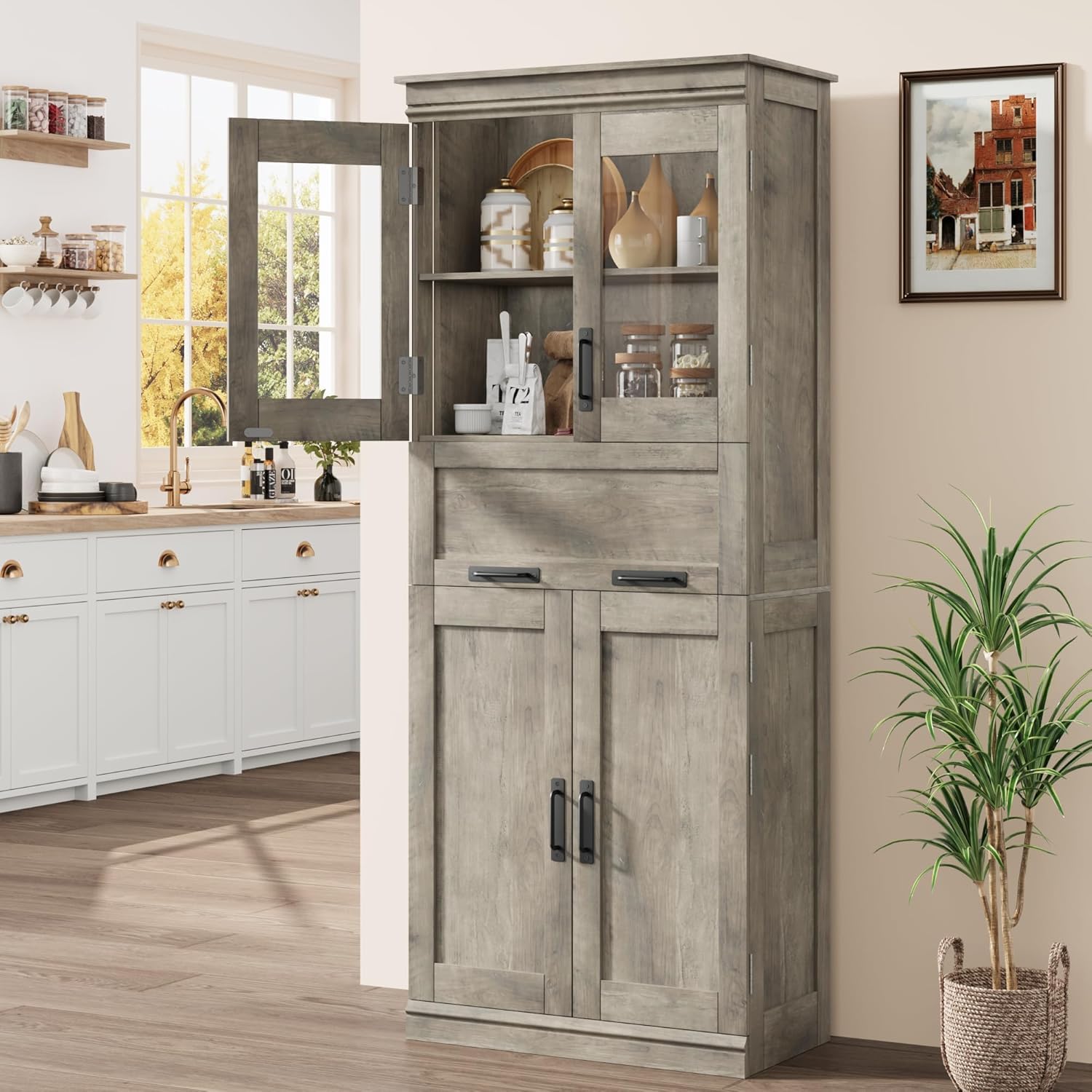 170 cm Küchenschrank aus holz mit 2 Holztüren und 2 Glastüren,Mehrzweckschrank et 4 Fächern,Vorratsschrank/Buffetschrank mit Hochziehschublade,Hochschrank Für Küche, Wohnzimmer, Badezimmer (Grau)