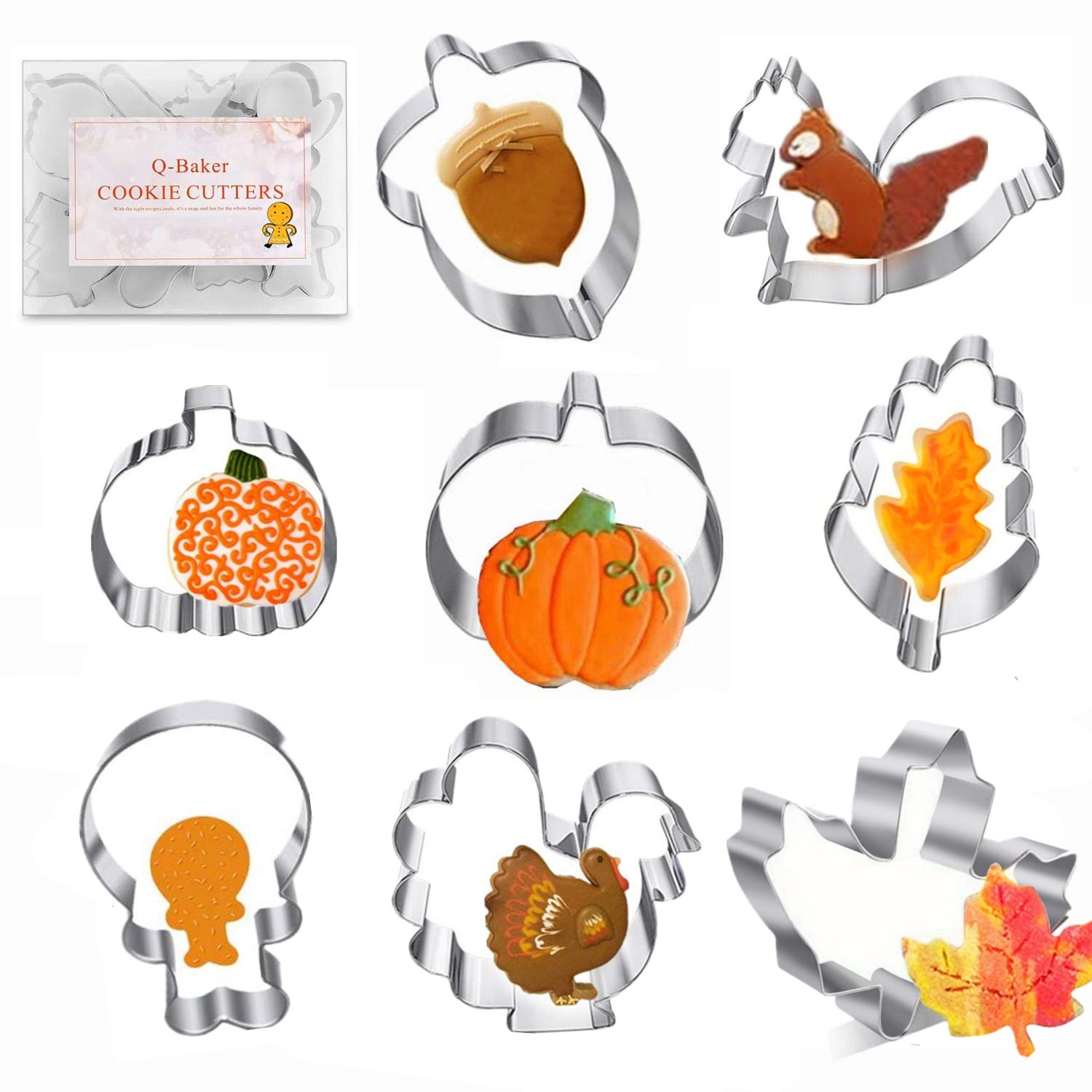Q-BAKER Thanksgiving Cookie Cutters 8PCS Fall Leaves Cookie Cutter Set Turkey, Pumpkin, Maple/Oak Leaf, Corn,Squirrel and Acorn Turkey Leg
