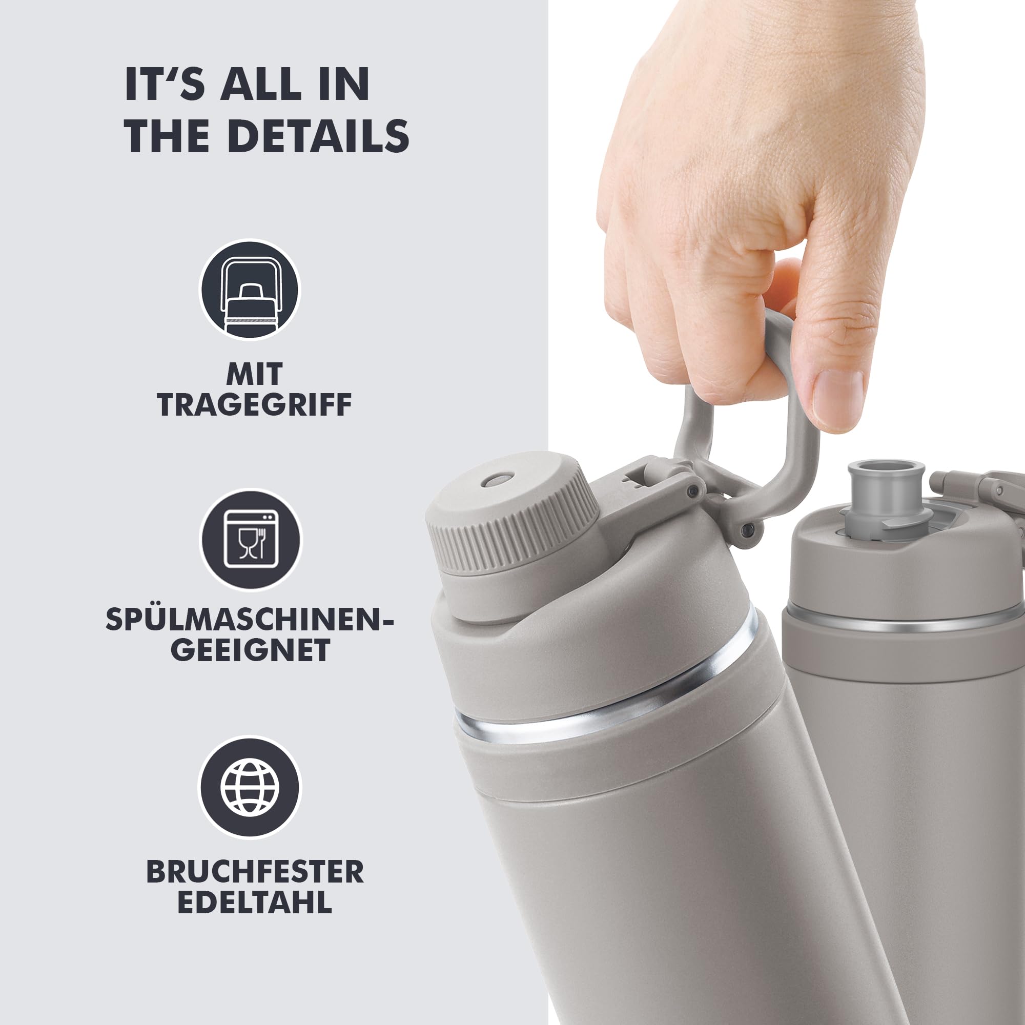 THERMOS ULTRALIGHT MAX Isolierflasche 1,50 l, 24 h kalt, moon rock mat | 12 h heiß, ultraleicht, absolut dicht, Edelstahl-Trinkflasche mit Tragegriff, für Sport, Outdoor & Reisen, grau