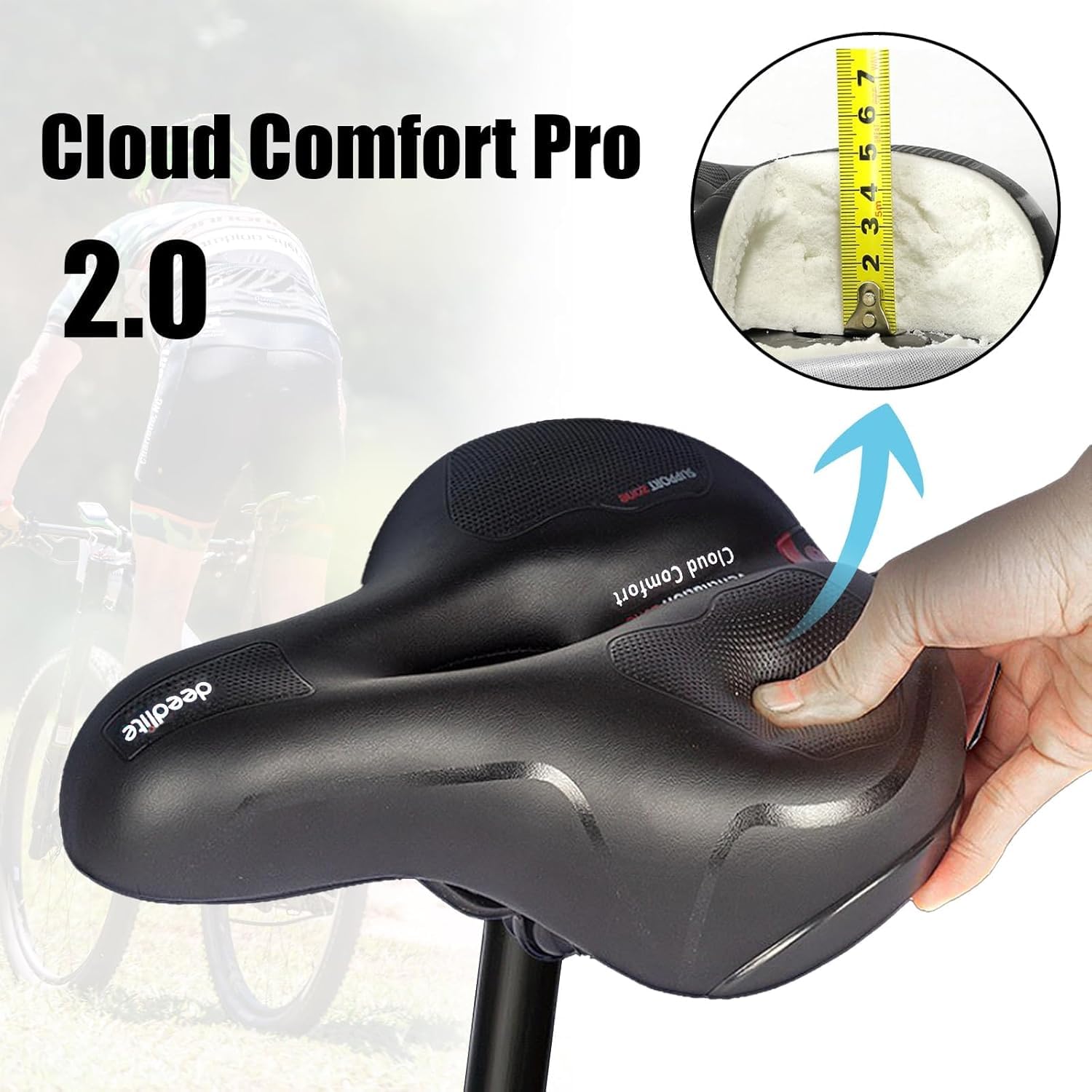 Siodełko rowerowe Cloud Comfort Pro Max – wreszcie bezbolesne siodełko rowerowe do jazdy na rowerze, wygodne, miękkie siodełko z pianką z pamięcią kształtu, z czerwonym paskiem ostrzegawczym, siodełko