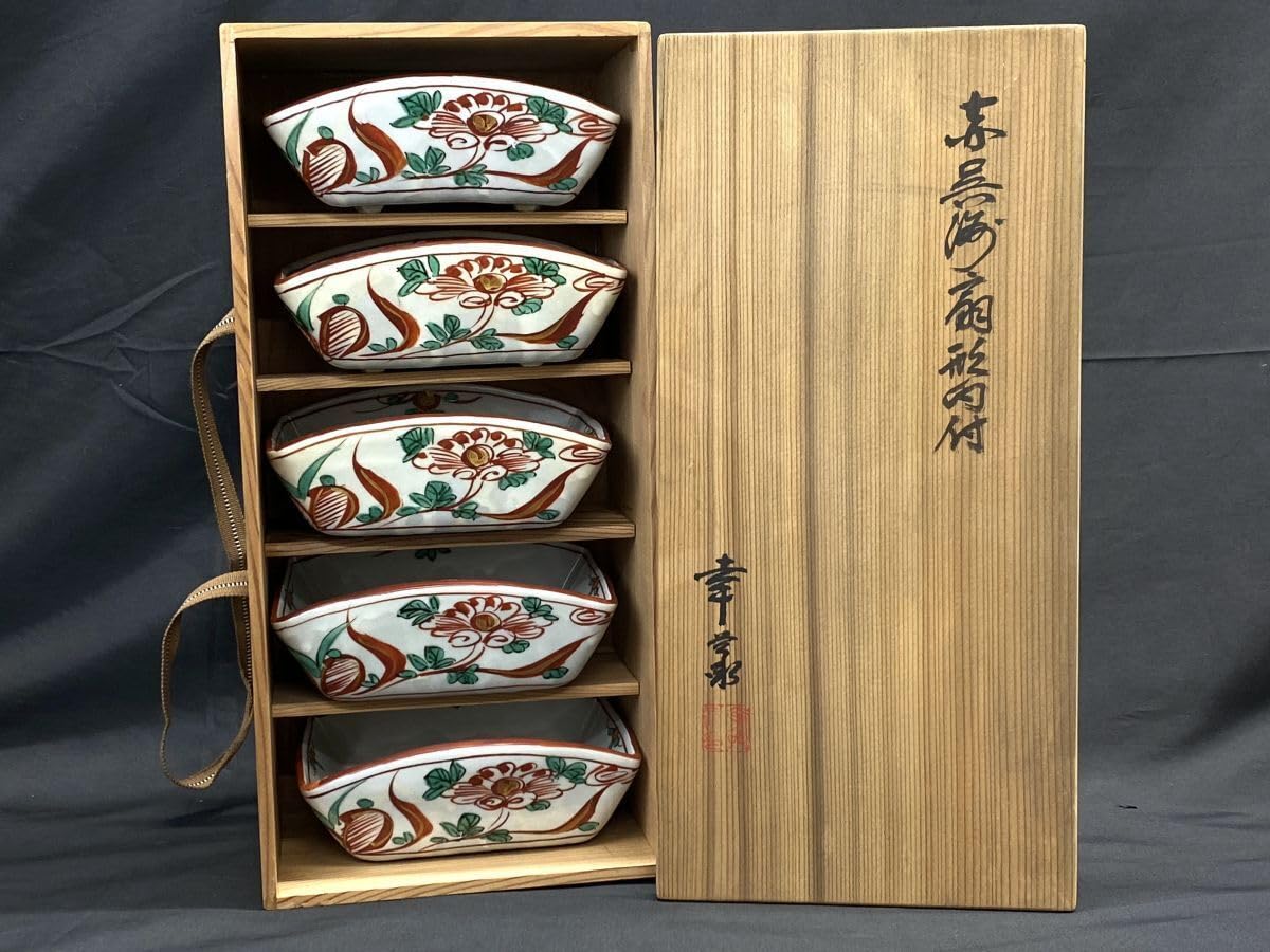 和食器　茶懐石　幸兵衛窯　加藤幸兵衛作　絵変　銘々皿　五客　共箱　V　9036 和食器 茶懐石 幸兵衛窯 加藤幸兵衛作 絵変 銘々皿 五客 共箱 V
