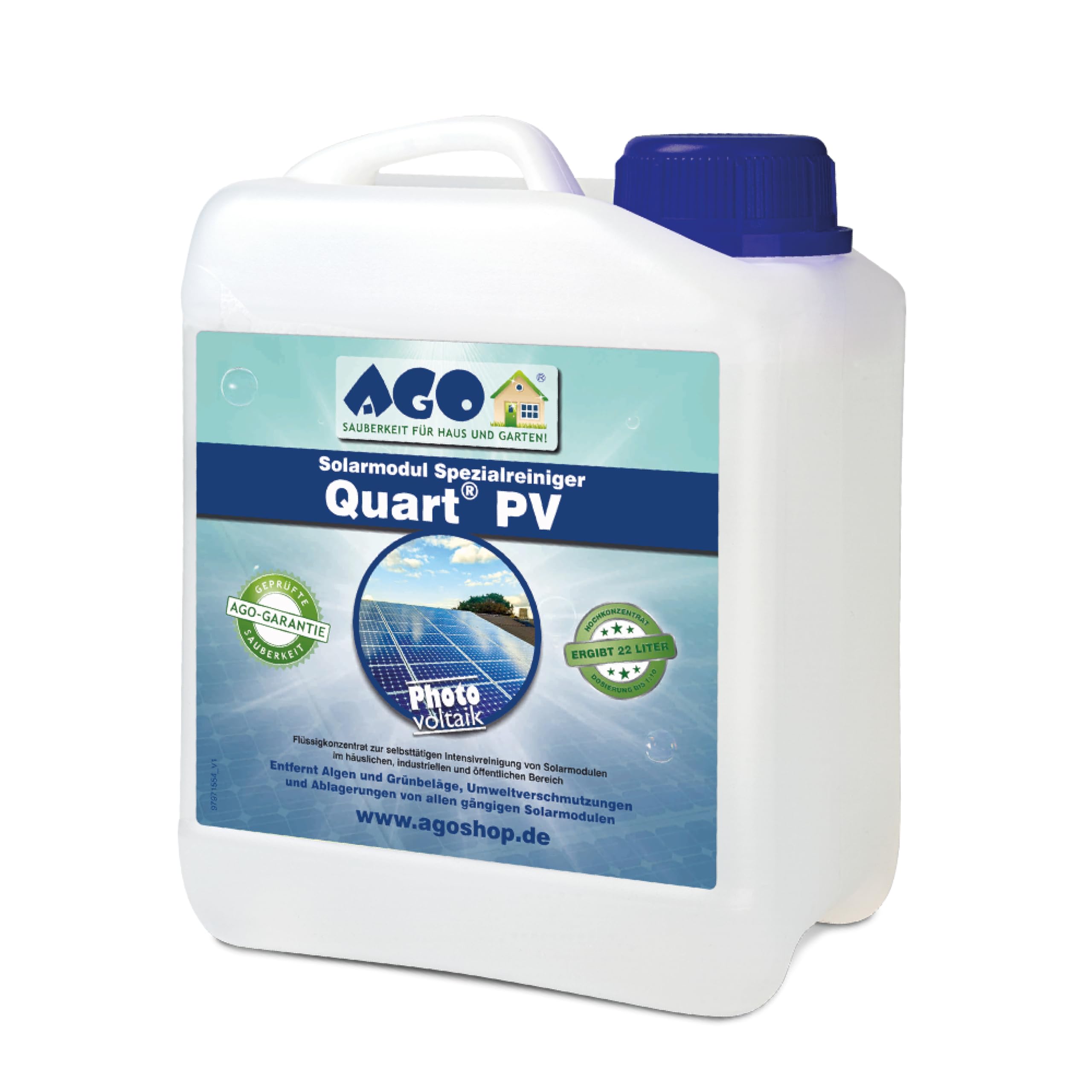 AGO Quart PV Solarmodul-Spezialreiniger 2 Liter – Solarreiniger, Algen- & Flechtenentferner für Photovoltaikanlage – selbsttätig – Photovoltaik Reiniger 1:10