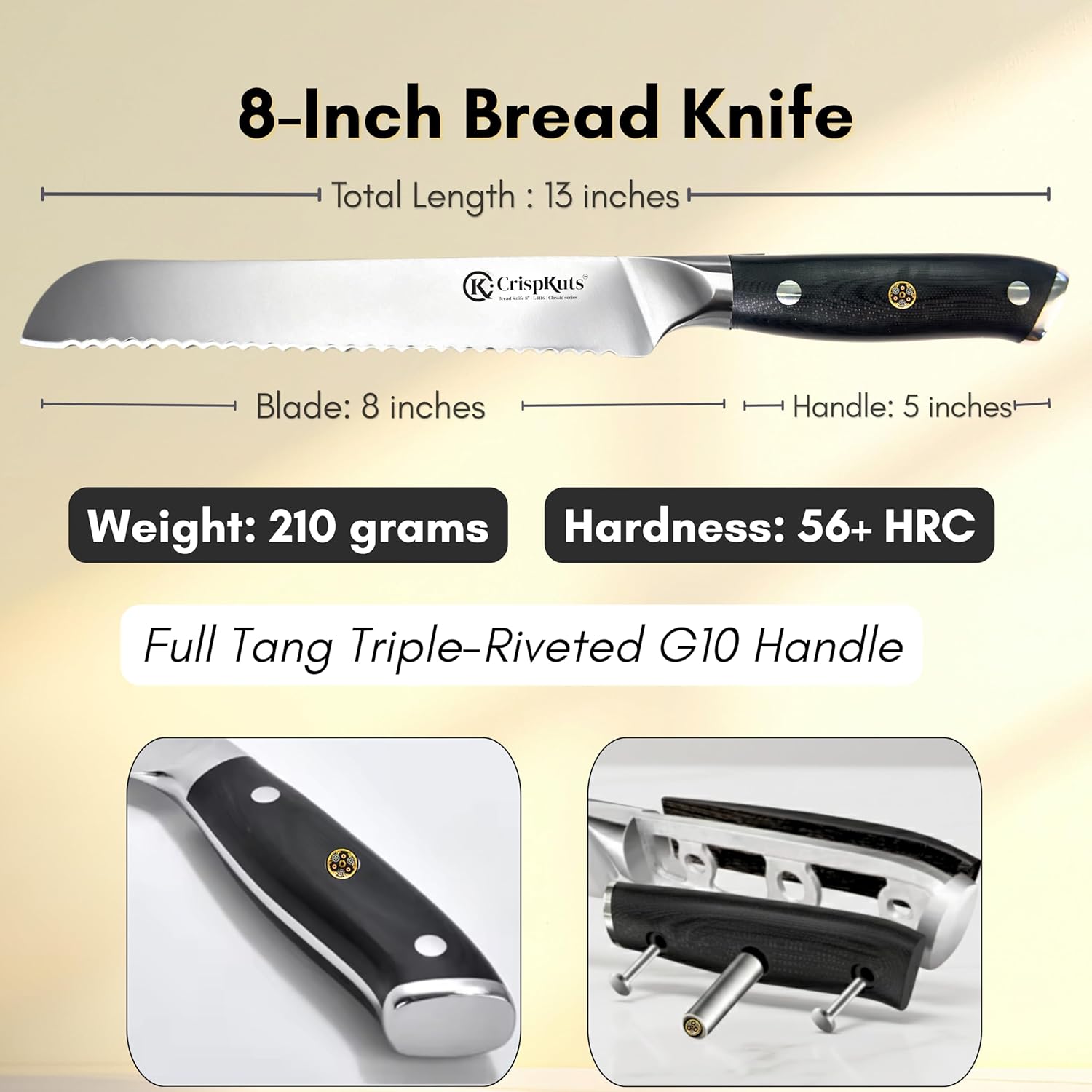 German bread knife for homemade bread Sourdough, Full Tang & Razor Sharp 8-Inch Serrated Bread Knife with full tang G10 Handle, Bread Scoring knife Set, Knife Sharpener & Magnetic Gift Box