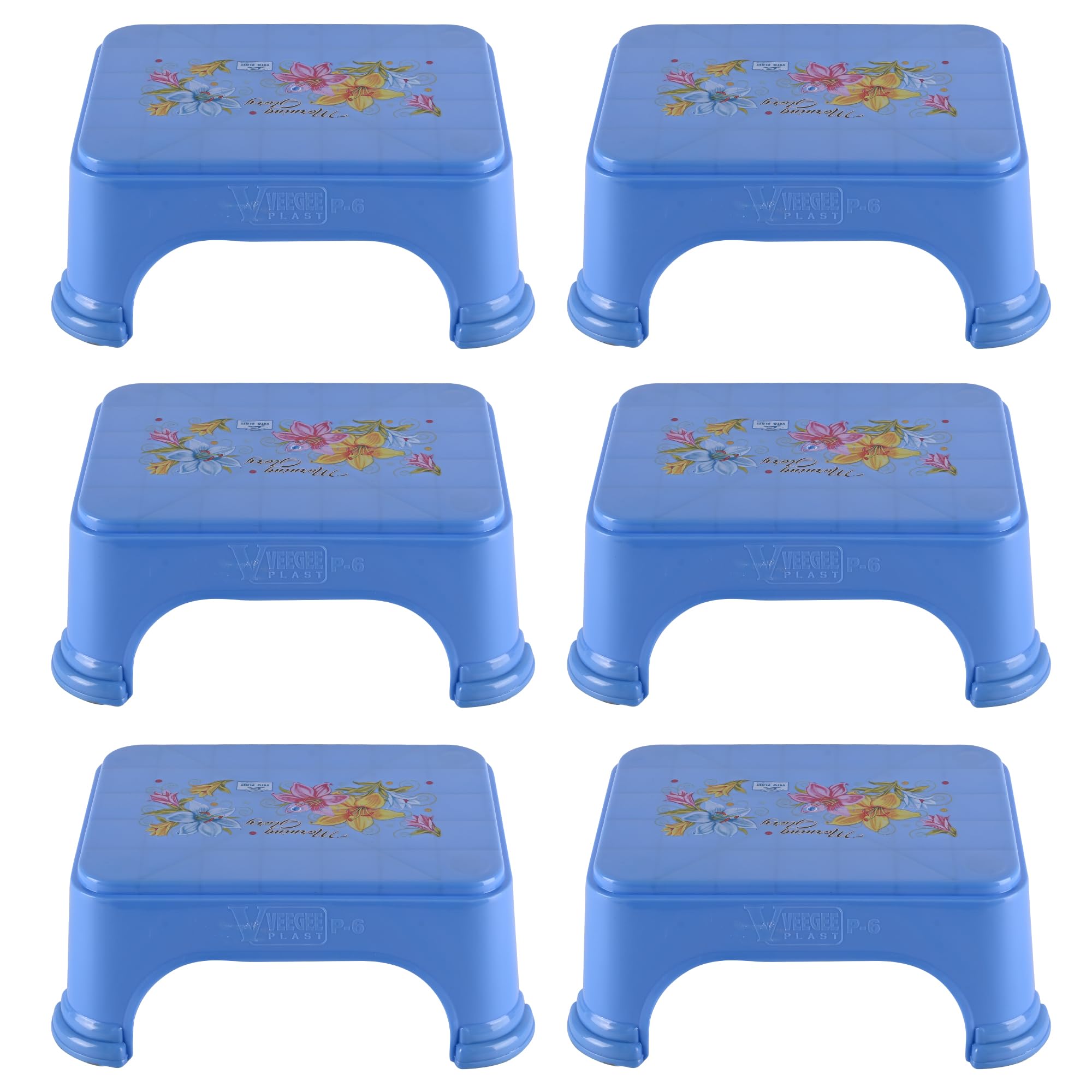 Kuber Industries Pack of 6 Bath Stool for Bathroom | Plastic Stools for Sitting | Bathroom Stool for Bathing | Flower Print Square Stool | Blue