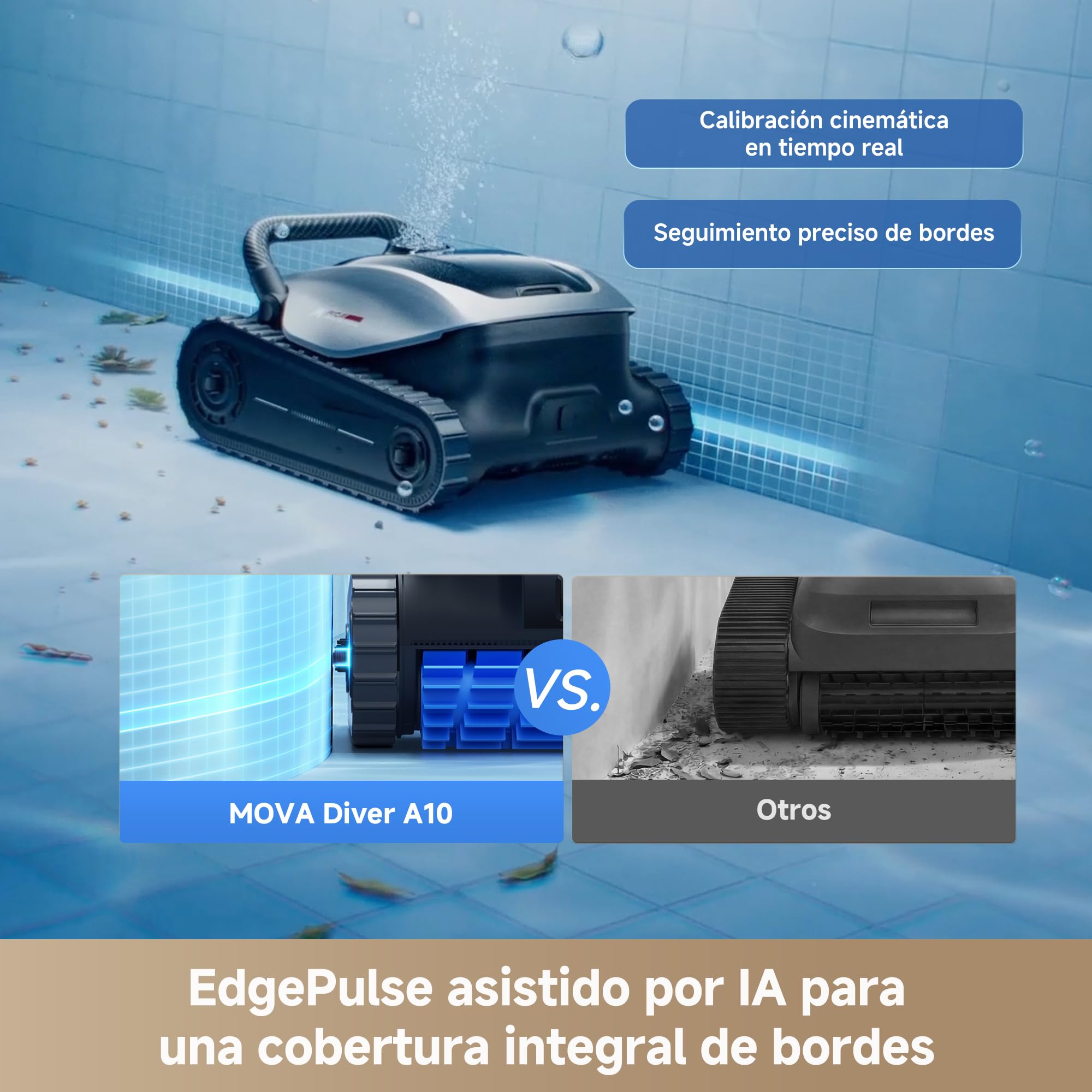 Robot Limpiador de Piscinas MOVA Diver A10, 22.700 l/h de Succión, 240 Min. de Funcionamiento, Limpieza de Bordes y Planificación de Rutas con IA, Doble Limpieza de Líneas de Agua, Gran Filtro de