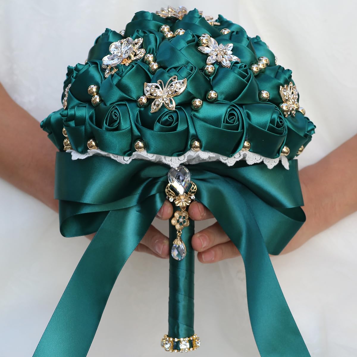 Mhojpik Bridal Wedding Bouquet Round Holding Bouquet Throw Toss Artificial Rose Flower Bunch for Bride Bridesmaid Wedding Quinceanera(Dark Green, 8.3"