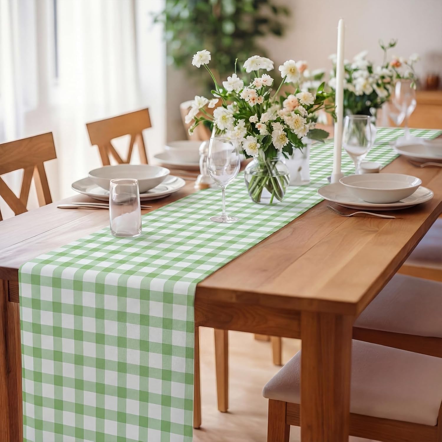 Tinlade Green White Checkered Paper Table Runner Roll 25' Long x 16" Wide Disposable Gingham Table Runner for Easter Spring Birthday Party Wedding Baby Shower Bridal Holiday Tabletop Home Decor