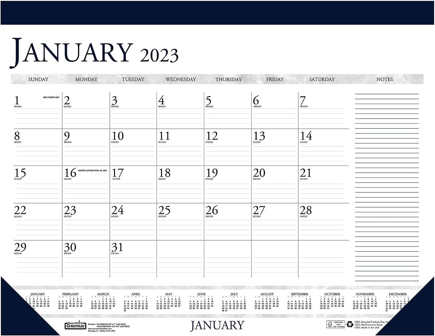 House of Doolittle Recycled Two-Color Monthly Desk Pad Calendar with Notes Section, 22 x 17, Blue Binding/Corners, 12-Month (Jan-Dec): 2023