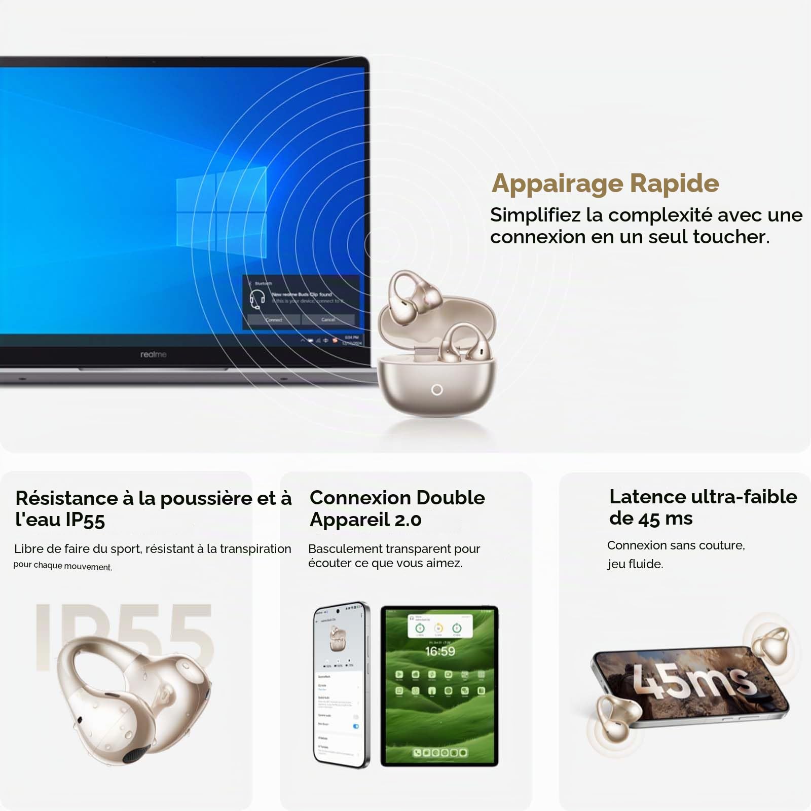 realme Buds Clip Écouteurs Bluetooth sans Fil Open Ear avec Titan-Bügel, 3D Raumklang, AI-ENC, 36h d'autonomie, IP55, Bluetooth 5.4 Écouteurs Clip légers pour Le Bureau, Les appels et Le Sport, Or
