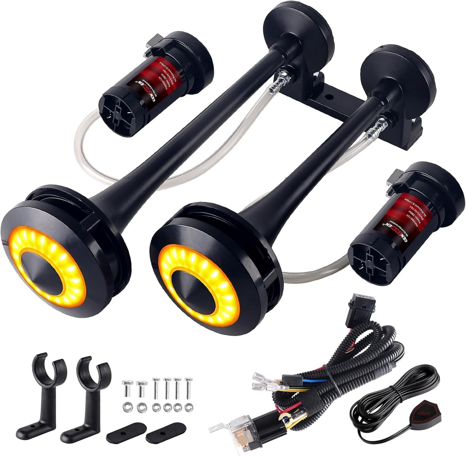 Dual 2-Trumpet Metal Air Horn for truck Kit with 2 air Compressors,12V 150dB Ultra Loud impact train car horn moto horn is suitable for pickup/SUV/Boat and other vehicles (Black with button)