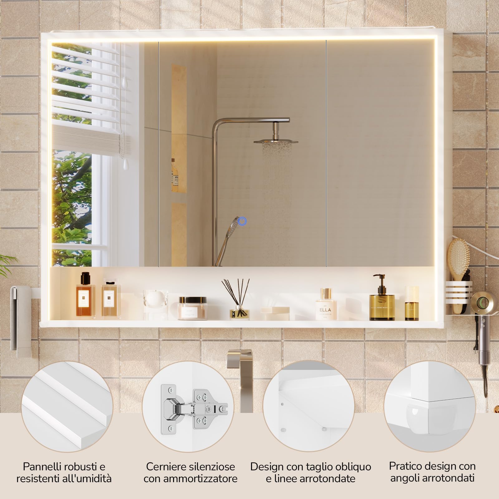 Specchio Bagno Contenitore 100Lx78Hx18P cm – Luce LED Incassata su 3 Lati, Design a 360° per Visione Totale, Touch 3 Luci, Prese, Porta Asciugacapelli e Asciugamani