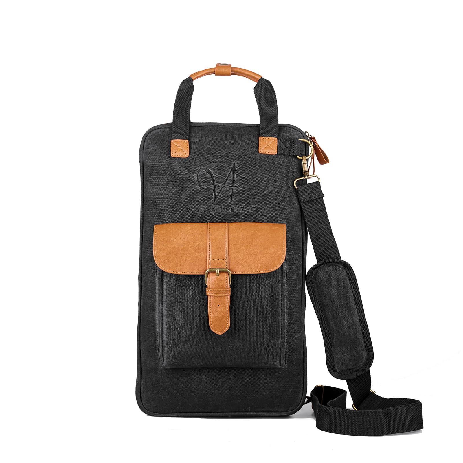 Bolsa para baquetas de batería de lona encerada con asas y correa de hombro desmontable, funda de percusión para bateristas y principiantes (VUK-YLGBB-BLK02 - Negro)