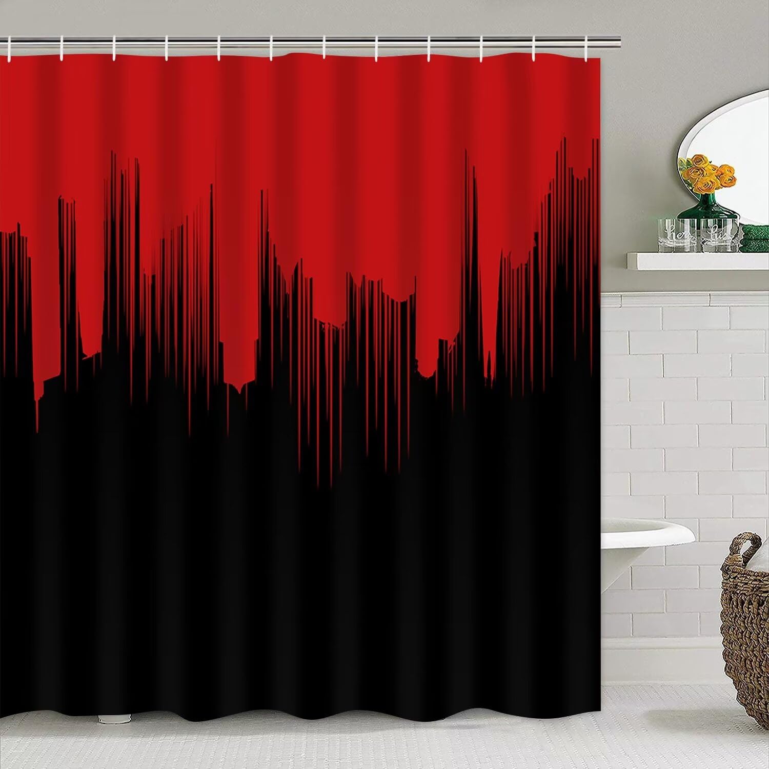 Yddsky 4 Pcs Red and Black Shower Curtain Sets Non-Slip Rugs Bath Mat Toilet Cover, U-Shaped Mat, Gradient Shower Curtain with 12 Hooks, Black and Red Bathroom Set