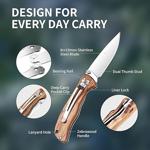 Miniatura 3 de Cuchillo de Bolsillo Plegable Harita, Mango de Madera Zebra, Hoja de Acero Inoxidable 8Cr13MoV, 3.4 Pulgadas, con Clip, Bloqueo de Seguridad,