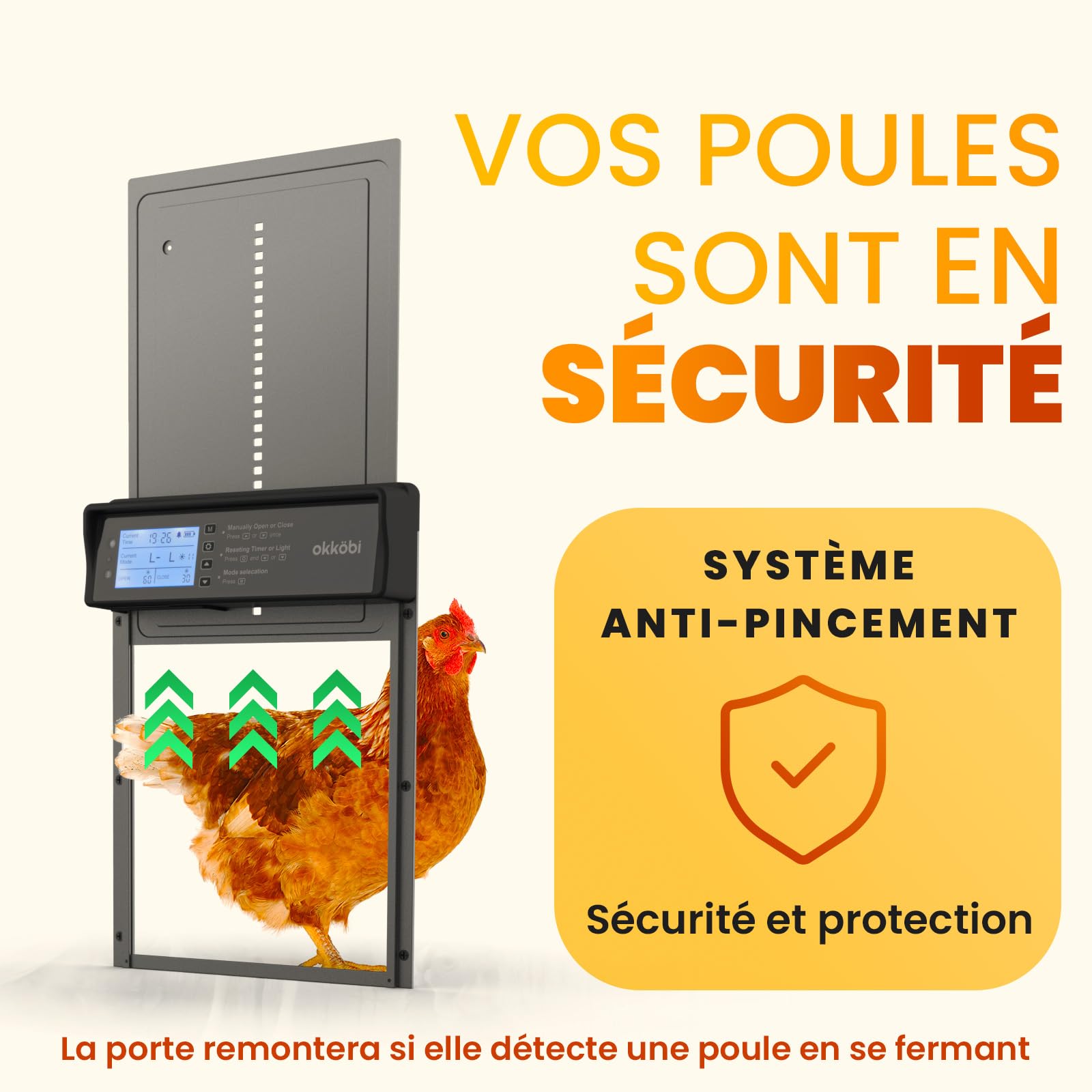 Okkobi Porte Automatique Poulailler Solaire - Ecran LCD - Télécommande, capteur de lumière et minuterie - Sécurité et tranquillité d'esprit : Fonction Anti-pincement - Protection 5 Ans