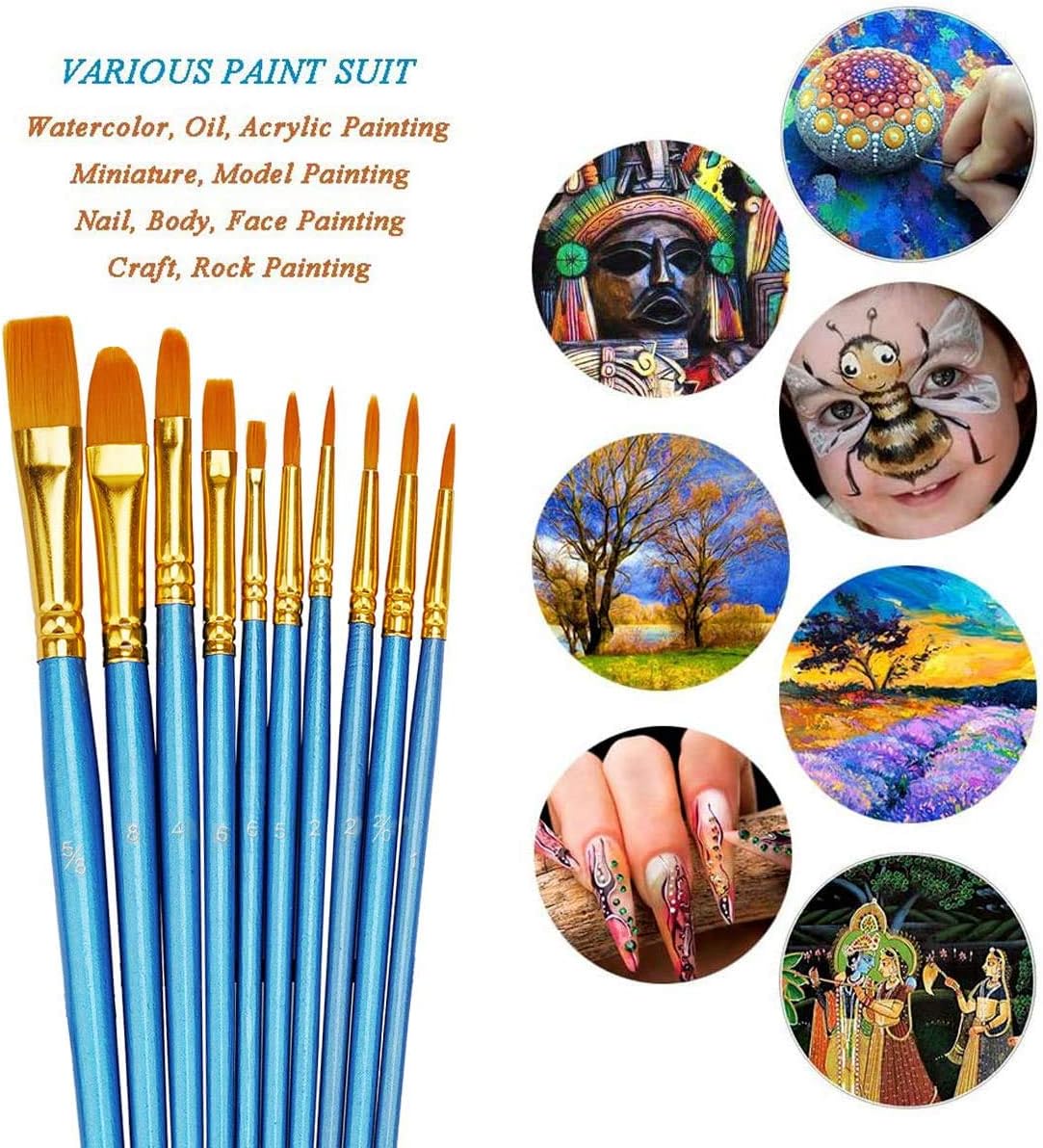 BOSOBO Paint Brush Set, 10pcs Round Pointed Tip Nylon Hair Artist Detail Paintbrushes, Professional Fine Acrylic Oil Watercolor Brushes for Face Nail Body Art Craft Model Miniature Painting, Blue : Everything Else