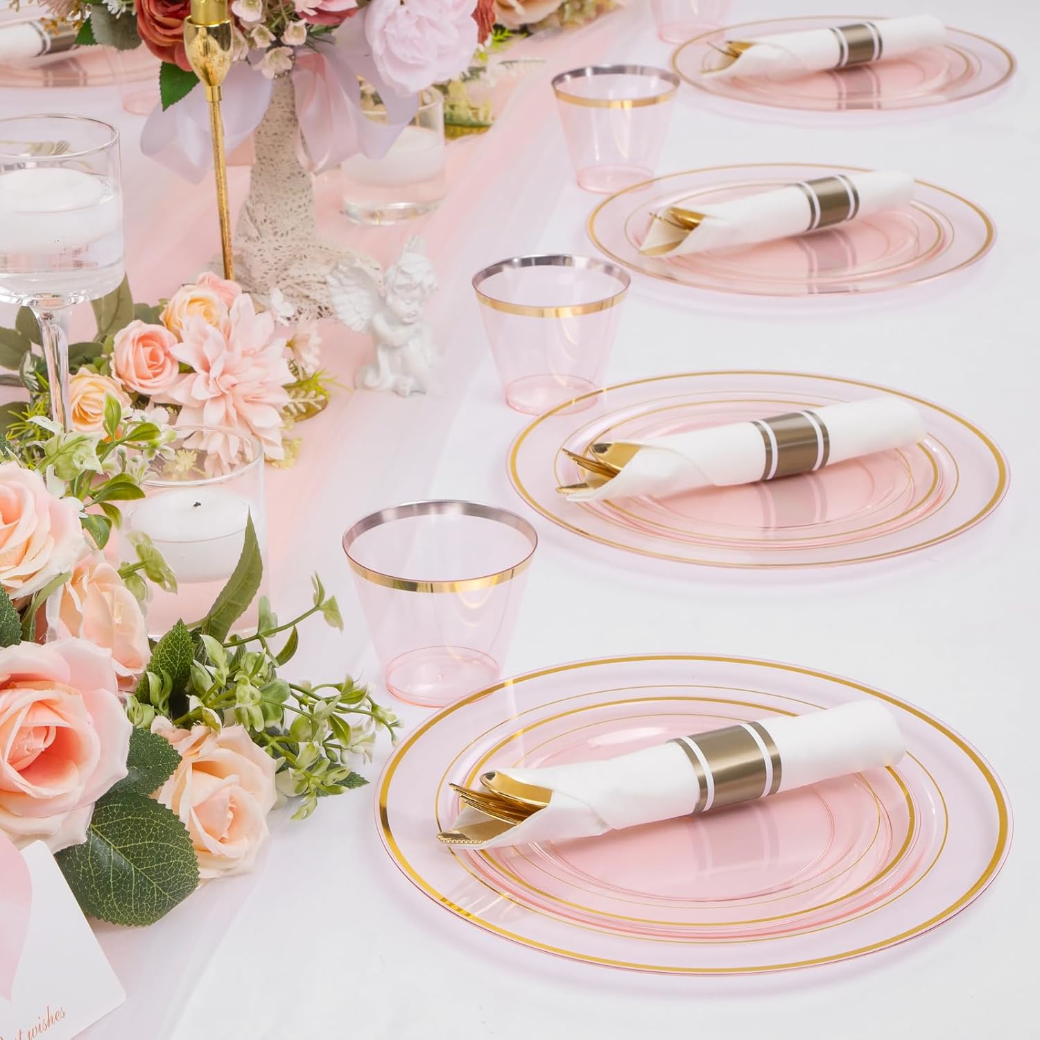 WELLIFE 210Pcs Clear-Pink Plastic Dinnerware- Pink and Gold Plastic Dinnerware include 30 Dinner Plates, 30 Dessert Plates, 90 Gold Silverware, 30 Cups and 30 Napkins Perfect for Parties - Image 9