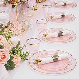WELLIFE 350Pcs Clear-Pink Plastic Dinnerware- Pink and Gold Plastic Dinnerware include 50 Dinner Plates, 50 Dessert Plates, 150 Gold Silverware, 50 Cups and 50 Napkins Perfect for Parties