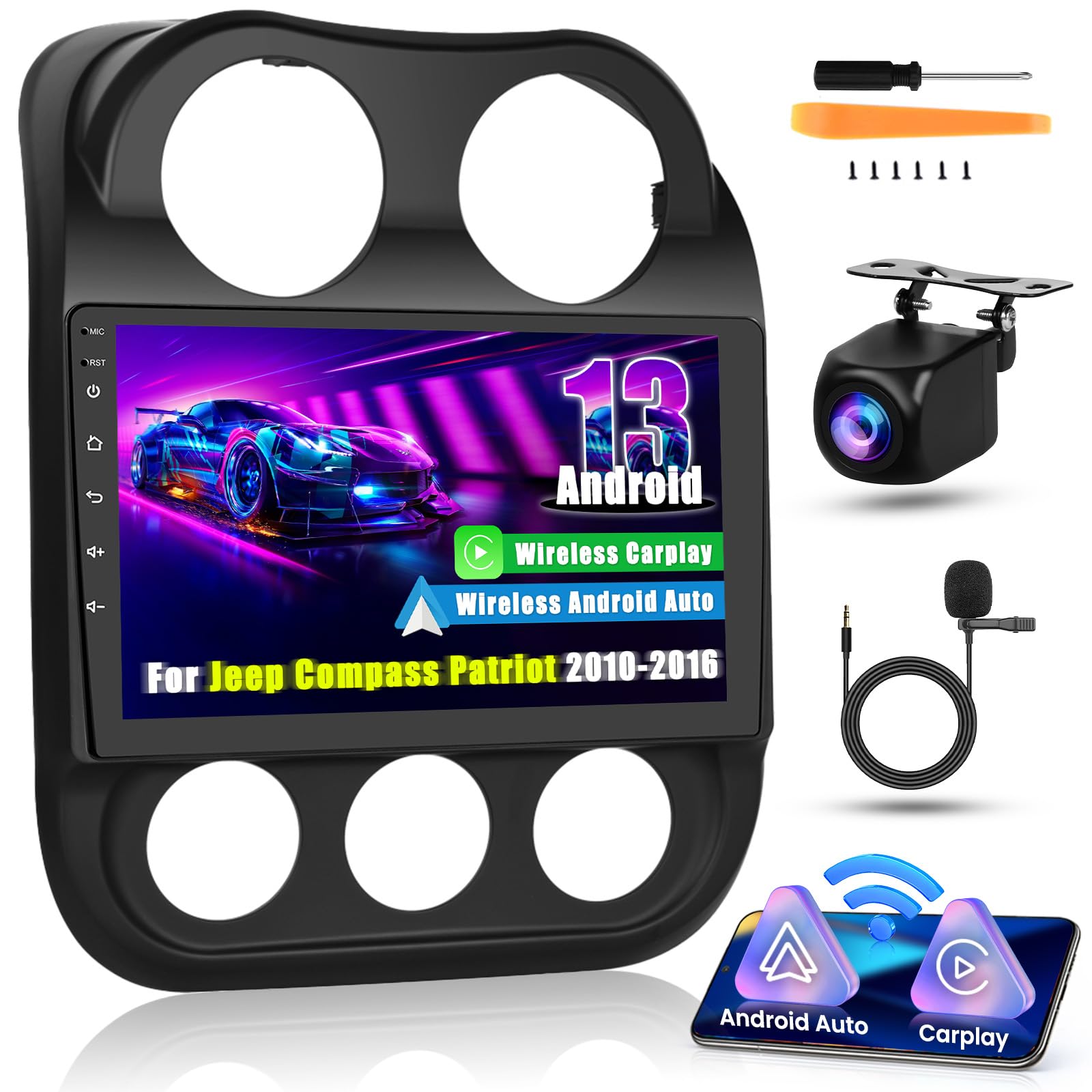 Photo 1 of ***Damaged***Android 15 Car Stereo for Jeep Compass Patriot 2010-2016, 10.1 inch Jeep Compass Radio with Wireless Apple Carplay Android Auto, GPS Navigation, WiFi/Bluetooth, FM/HiFi/, SWC, Backup Camera, Mic