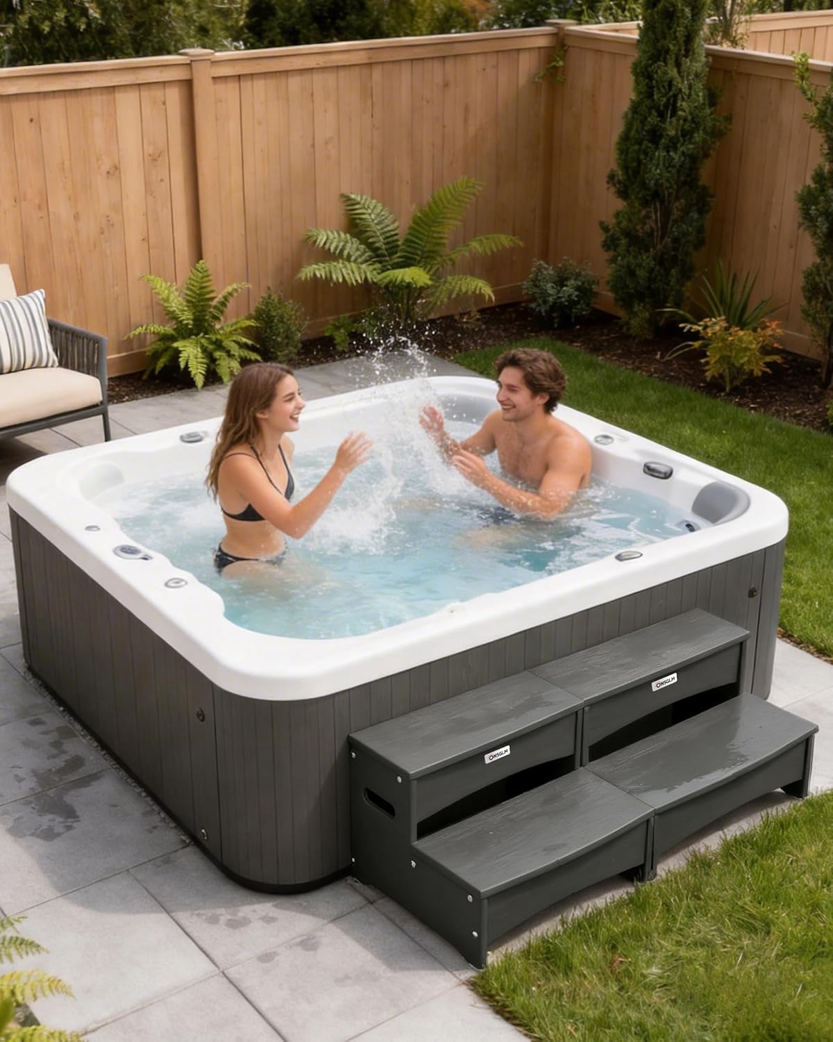 25" Hot Tub Steps, HDPE Waterproof Hot Tub Stairs, Heavy Duty Outdoor 2-Step Stool, 600LBS Capacity Non-Slip Wooden Textured Spa Steps with Anti-Slip Feet, Multi-Use Porch Step, Gray