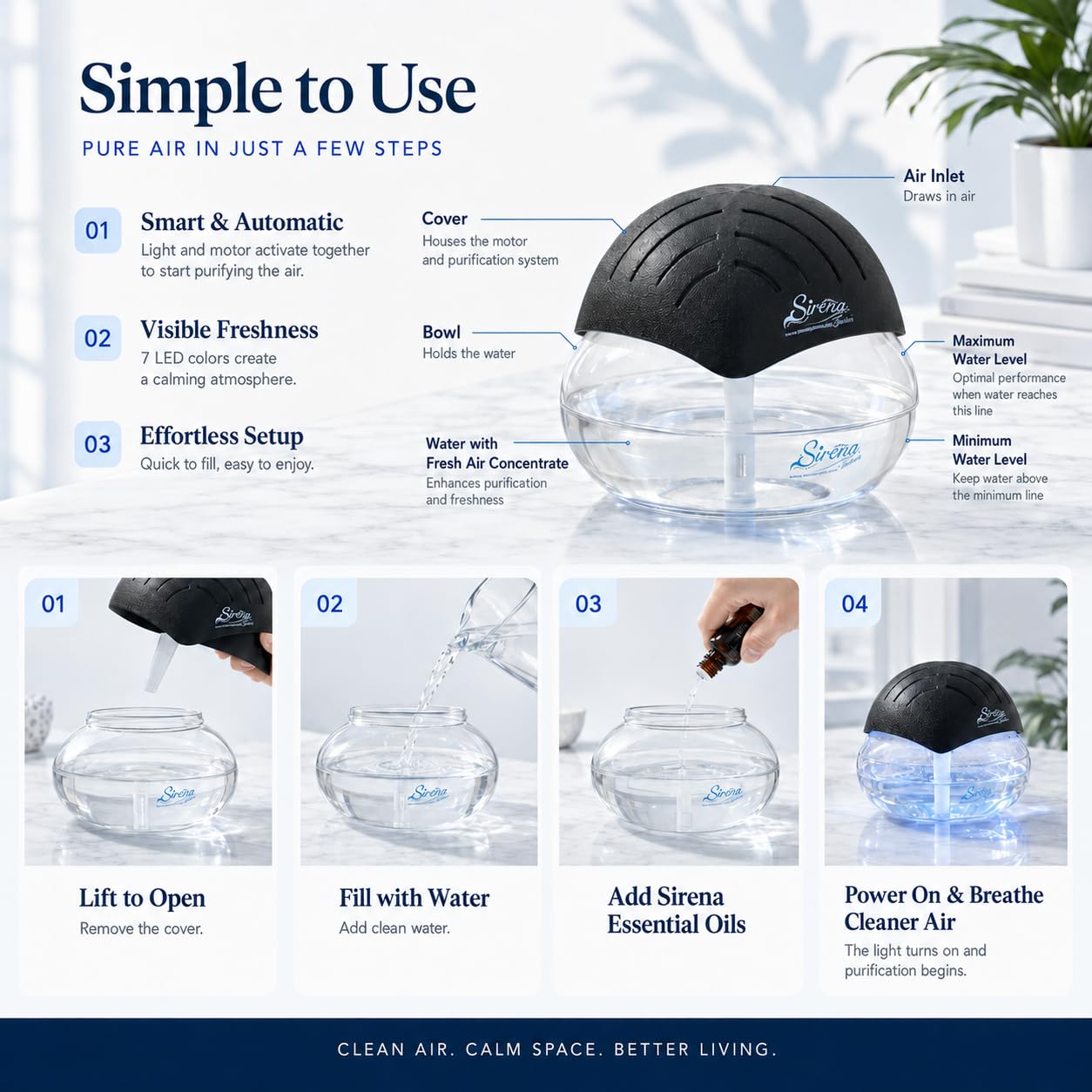 Sirena Twister Air Purifier Black - Water Filter Air Washer For Home and Office - Essential Oil Aroma Diffuser With LED Night light - Small Air Cleaner For Smoke and Pets product thumbnail 5