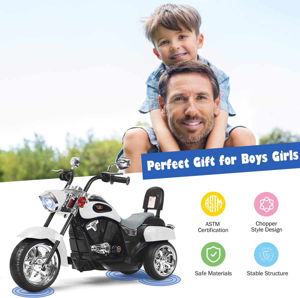 Kids Ride On Toy, 6V Battery-Powered Mini Electric Motorbike w/Music, Forward/Reverse Switch, Horn, Headlights & Foot Pedal, 3 Wheel Motorcycle Trike for Boys Girls Gift, Ages 3+ (White)