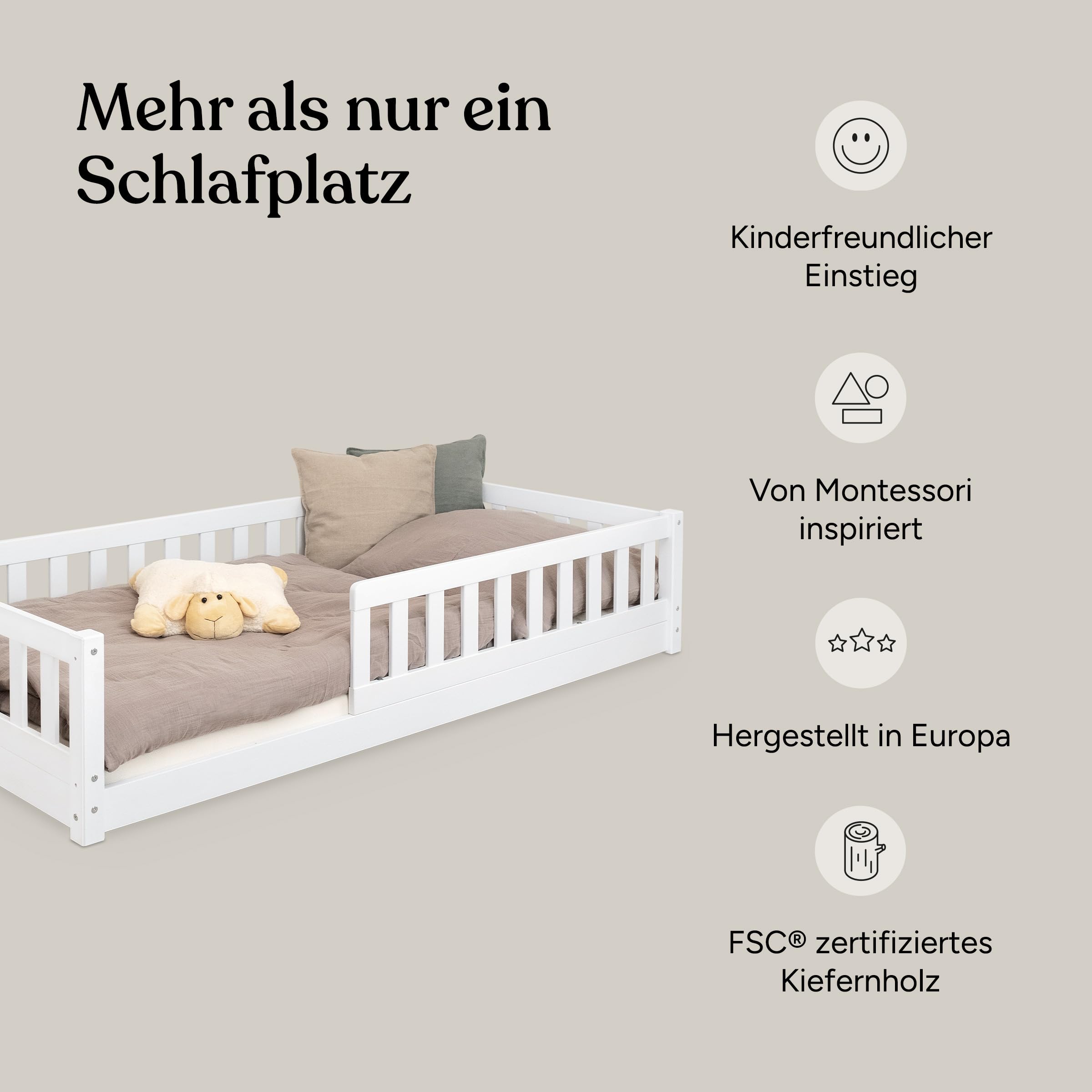 Ehrenkind® Bodenbett Lille | Kinderbett mit abnehmbaren Rausfallschutz aus Massivholz FSC® zertifziert inkl.hochwertigem Lattenrost | Bodenbett 90x200 | Kinderbett 90x200 Weiß
