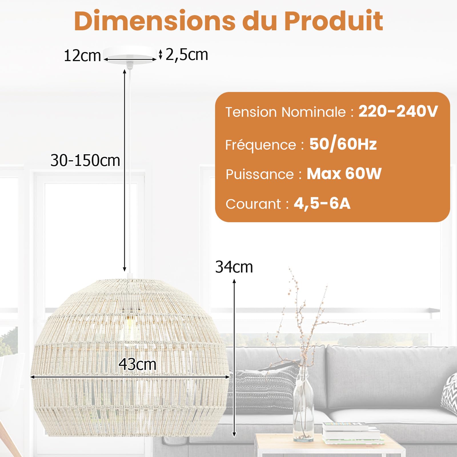 GOPLUS Suspension Luminaire Sphérique 34 x 43 CM, Lustre Salon avec Abat-jour en Papier Huilé, Hauteur Réglable 30-150 CM, Facile à Installer, Idéal pour Salle à Manger, Salon, Chambre (Beige)