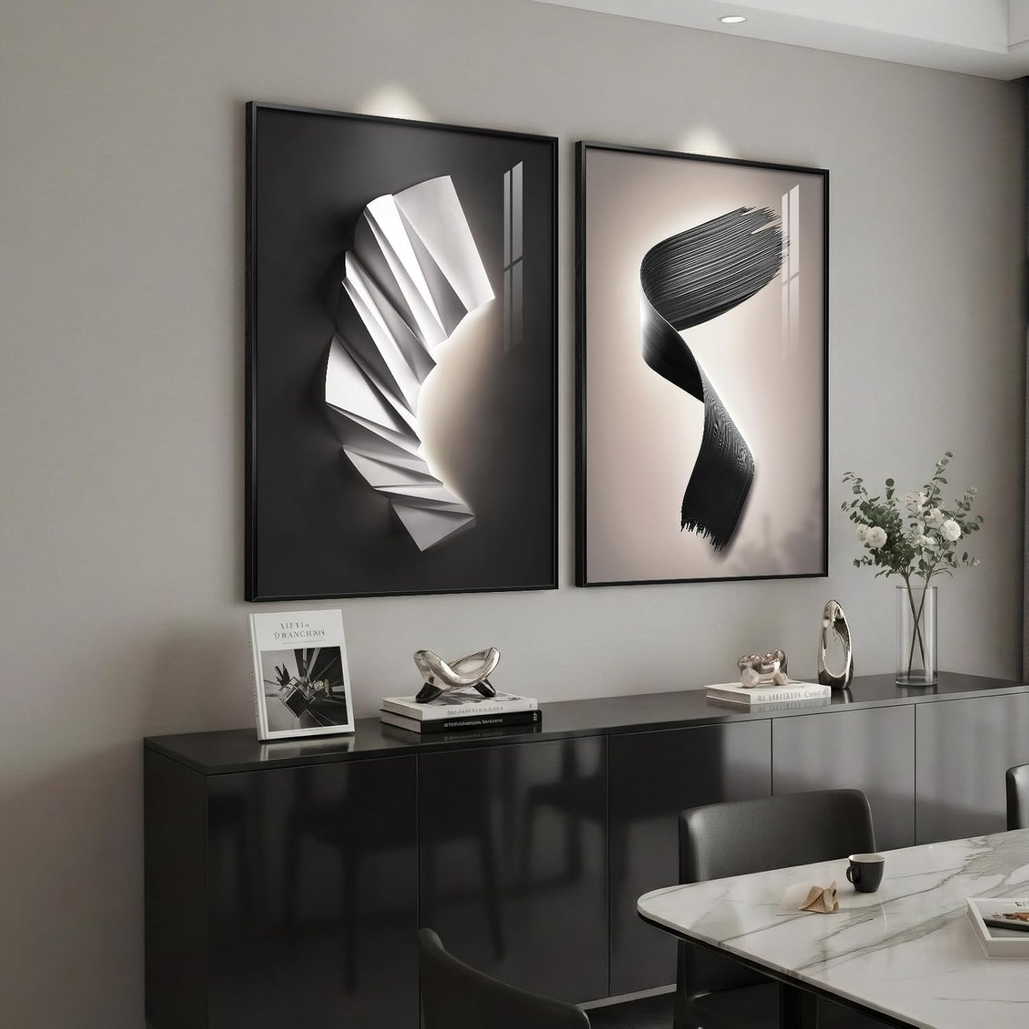 Large Framed Modern Black and White Wall Art for Living Room, Set of 2 Abstract Geometric Print Paintings Decor, Luxury Bright Style Artwork Pictures for Bedroom Dining Room Hallway 24x36 Inch 36" H x 24" Wx 2 PCS Black and White