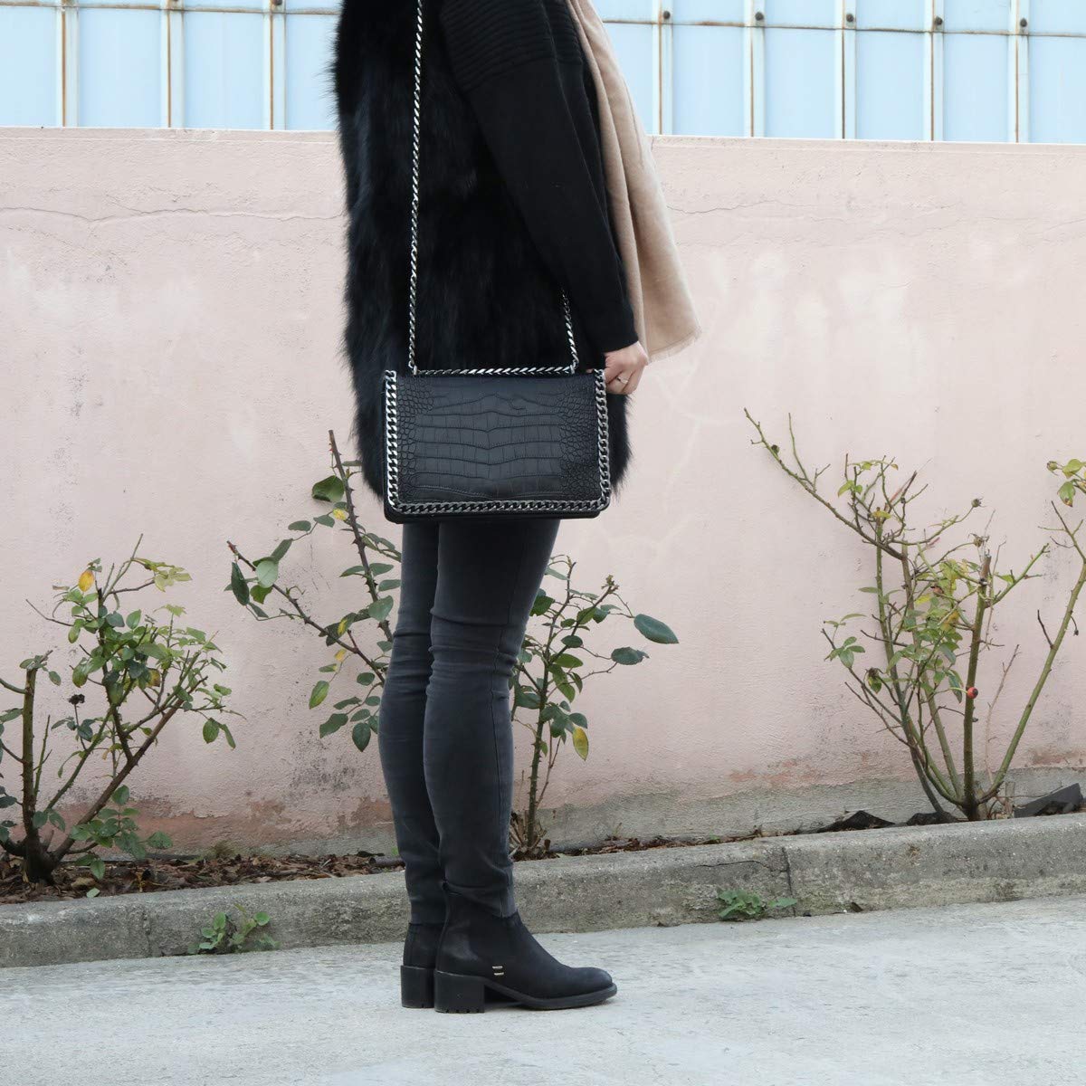 CRAZYCHIC - Bolso Cocodrilo Mujer - Bolso Bandolera Cadena Acolchado Piel Cuero PU Señora - Grande Mensajero Clutch Pochette Crossbody Bag - Bolso Cruzado Embrague Noche Elegante - Negro