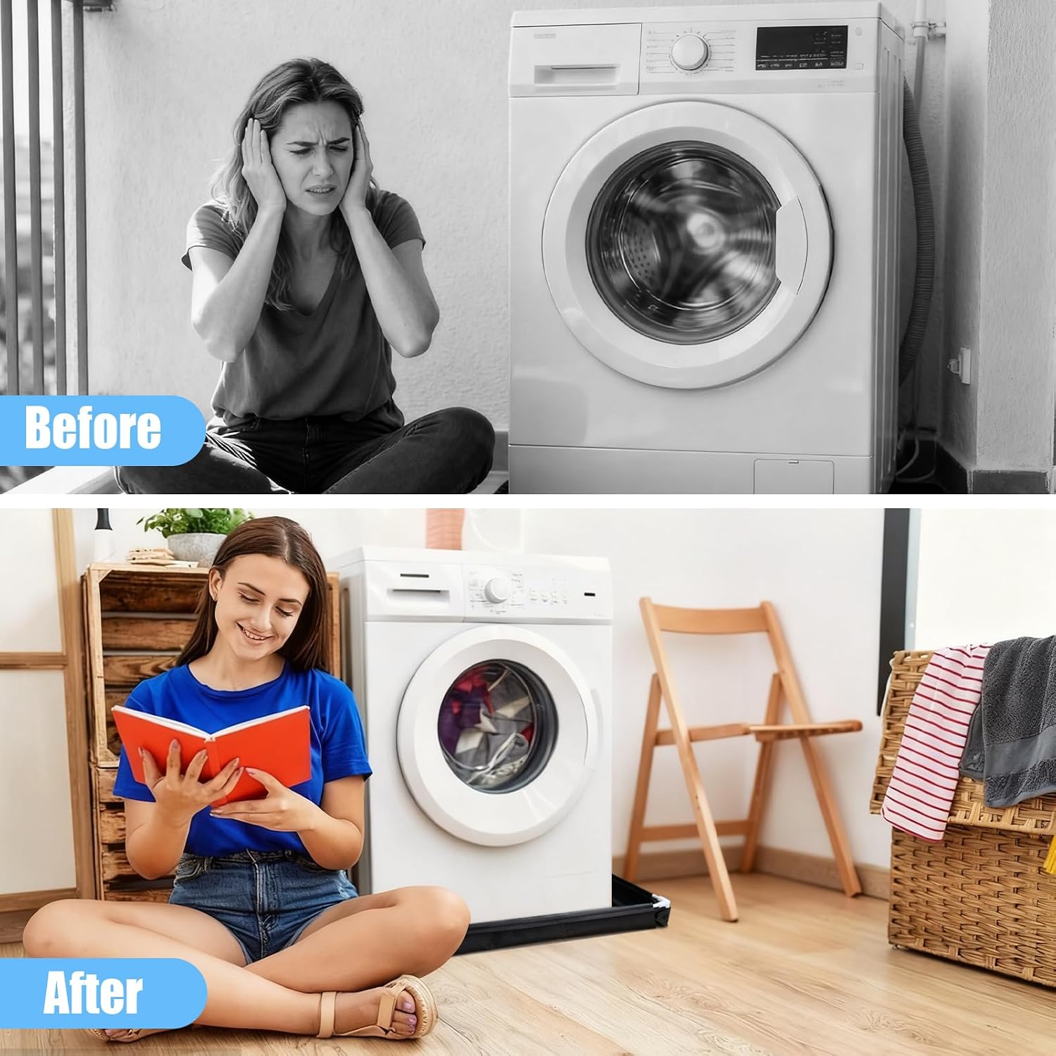 31.5 x 31.5 Inch Washer Drain Pan Mat with Anti-Vibration Pad - Non-Slip Waterproof Drip Tray, Foldable Leak Protection Mat with Raised Edge for Under Washing Machines