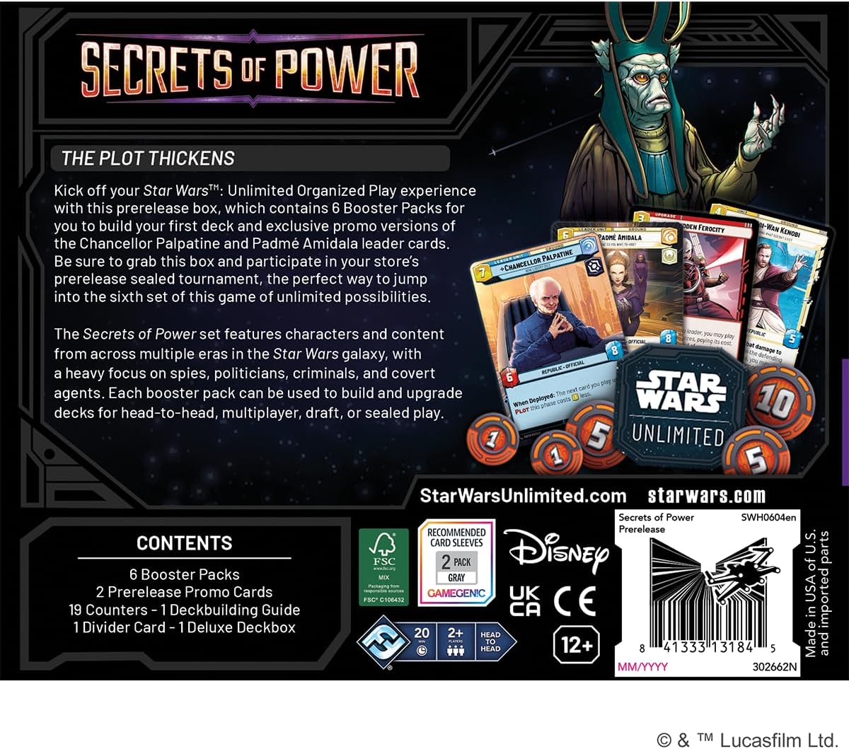 Asmodee Star Wars: Unlimited TCG Secrets of Power PRERELEASE Box - 6 Booster Packs, Exclusive Chancellor Palpatine & Padmé Amidala Promo Cards, Ages 12+, 2+ Players, 20 Minute Playtime