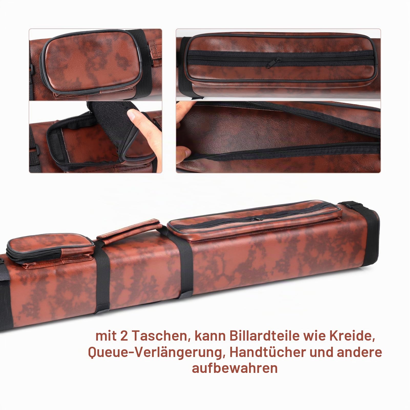 Billardqueue-Tasche, 3 x 6, Kunstleder, harte Queue-Tasche für 3 Butts und 6 Schäfte, Braun