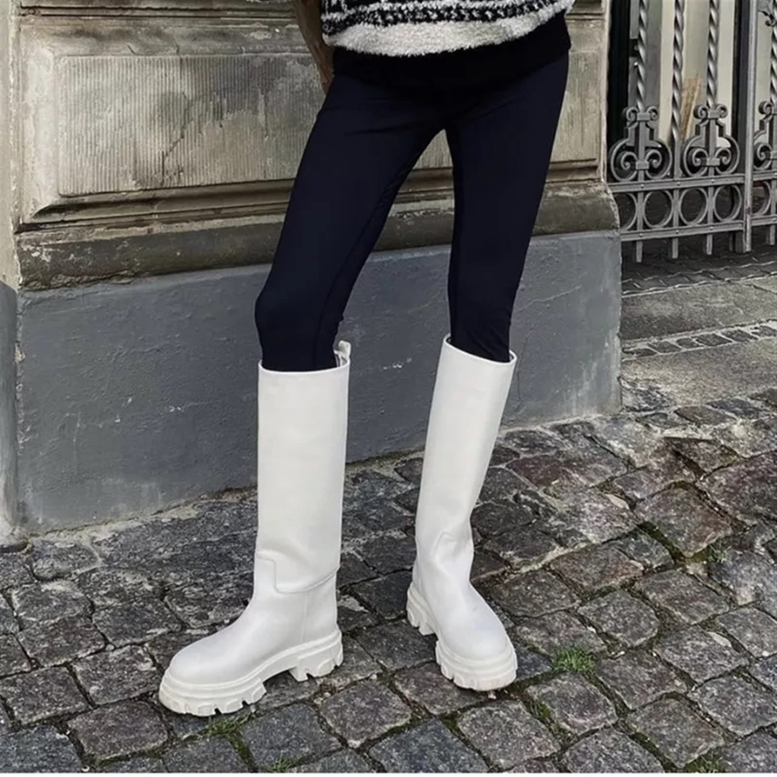 Botas para Mujer Botas de Cuero auténtico Botas hasta la Rodilla para Mujer Botas de Montar con Plataforma Botas de Mujer de tacón Grueso Otoño e Invierno