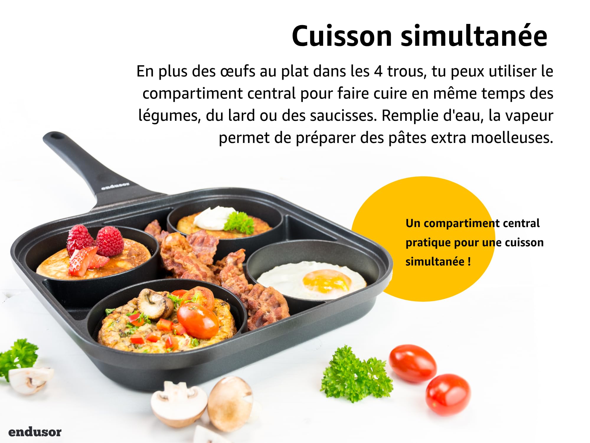 endusor Poele Pancakes et oeuf au plat - Poele de 27 cm adaptée à toute cuisinière + revêtement anti-adhésif & couvercle | Induction Gaz Céramique Électrique Halogène | 4 trous pour oeuf crêpe