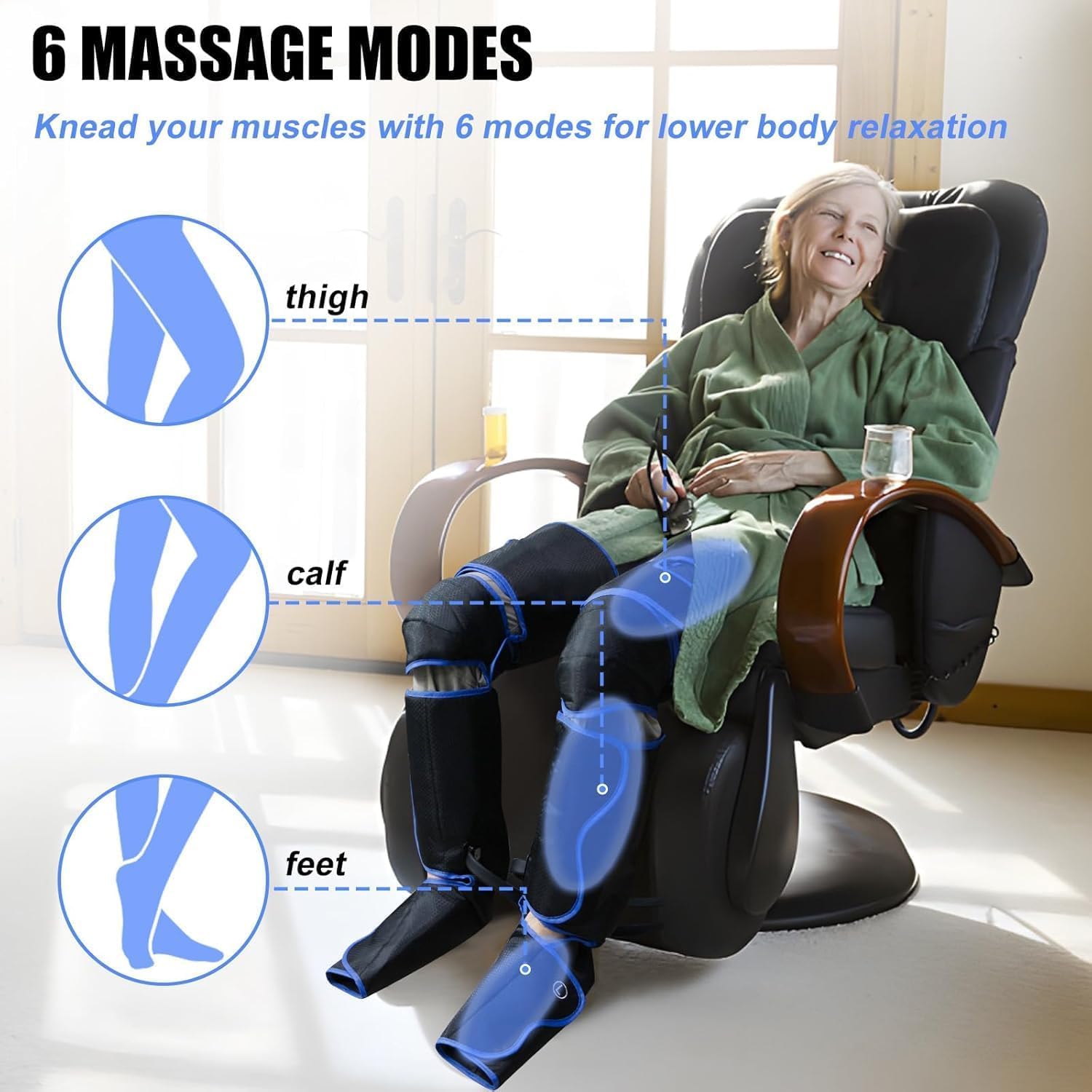 Air Compression Leg Massager for Circulation and Pain Relief, Full Leg Compression Boots with Adjustable Extension Straps for Foot Calf Thigh, 3 Modes & 20-Min Auto Shut-Off - Image 2