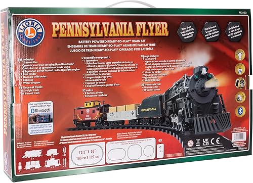 Miniatura 15 de Lionel Pennsylvania Flyer - Juego de tren de juguete con Bluetooth, locomotora, vagones de tren y pista con sonidos auténticos de tren, luces