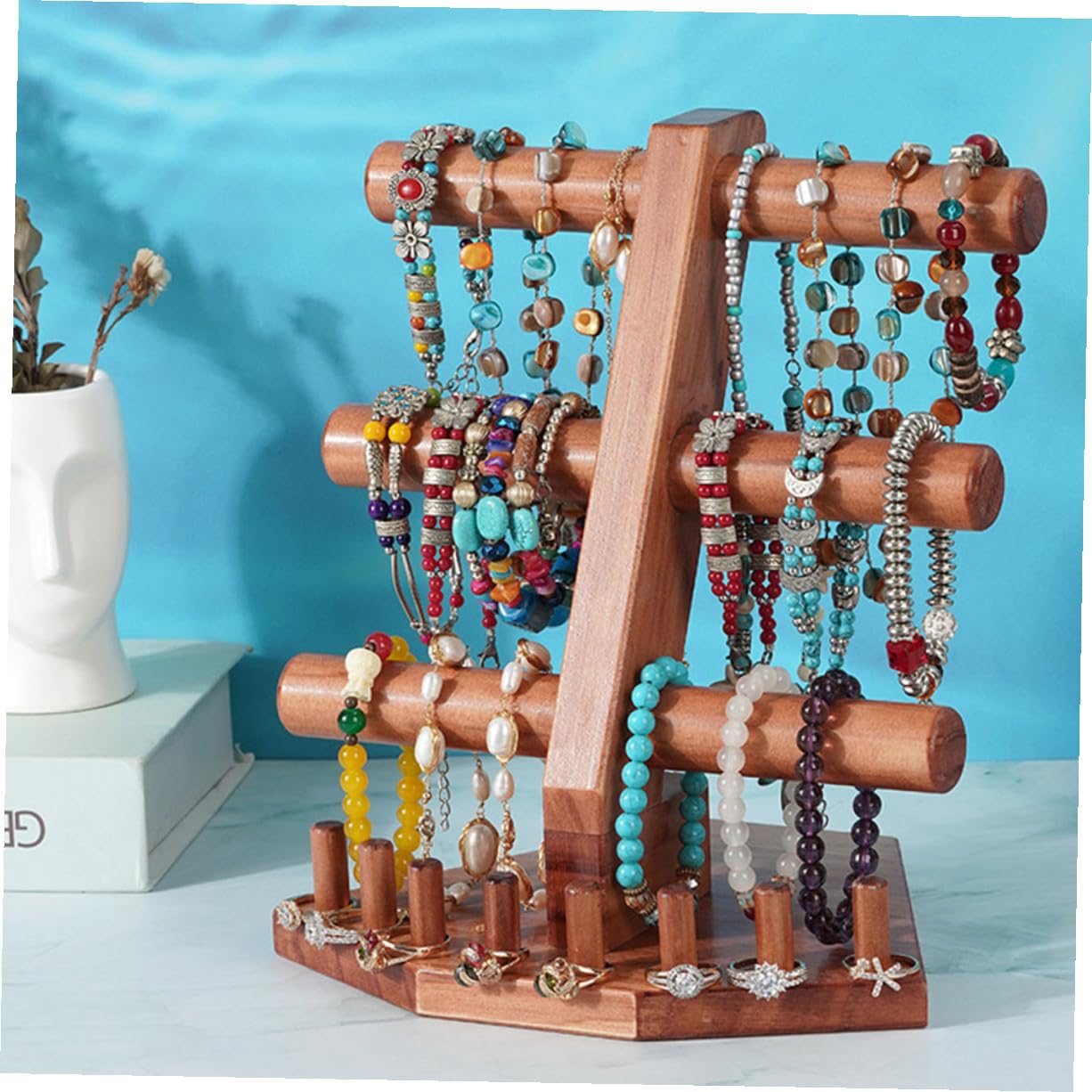 Vintage Schmuckständer aus Massivem Holz Dreistöckiger Armband Ringhalter mit Rutschfester Basis Stabiler Schmuckorganizer für Bangles Uhren und Schmuckaufbewahrung dem