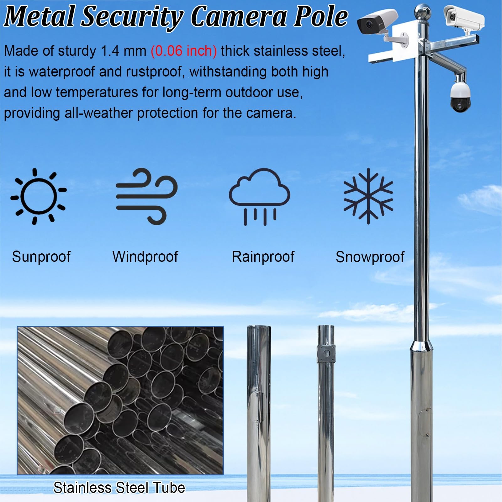 Supporto per telecamera di sicurezza in metallo per esterni, supporto di sorveglianza per telecamere a cupola/pistola, colonna universale per monitor per pollaio, capannone da fienile, 3 m