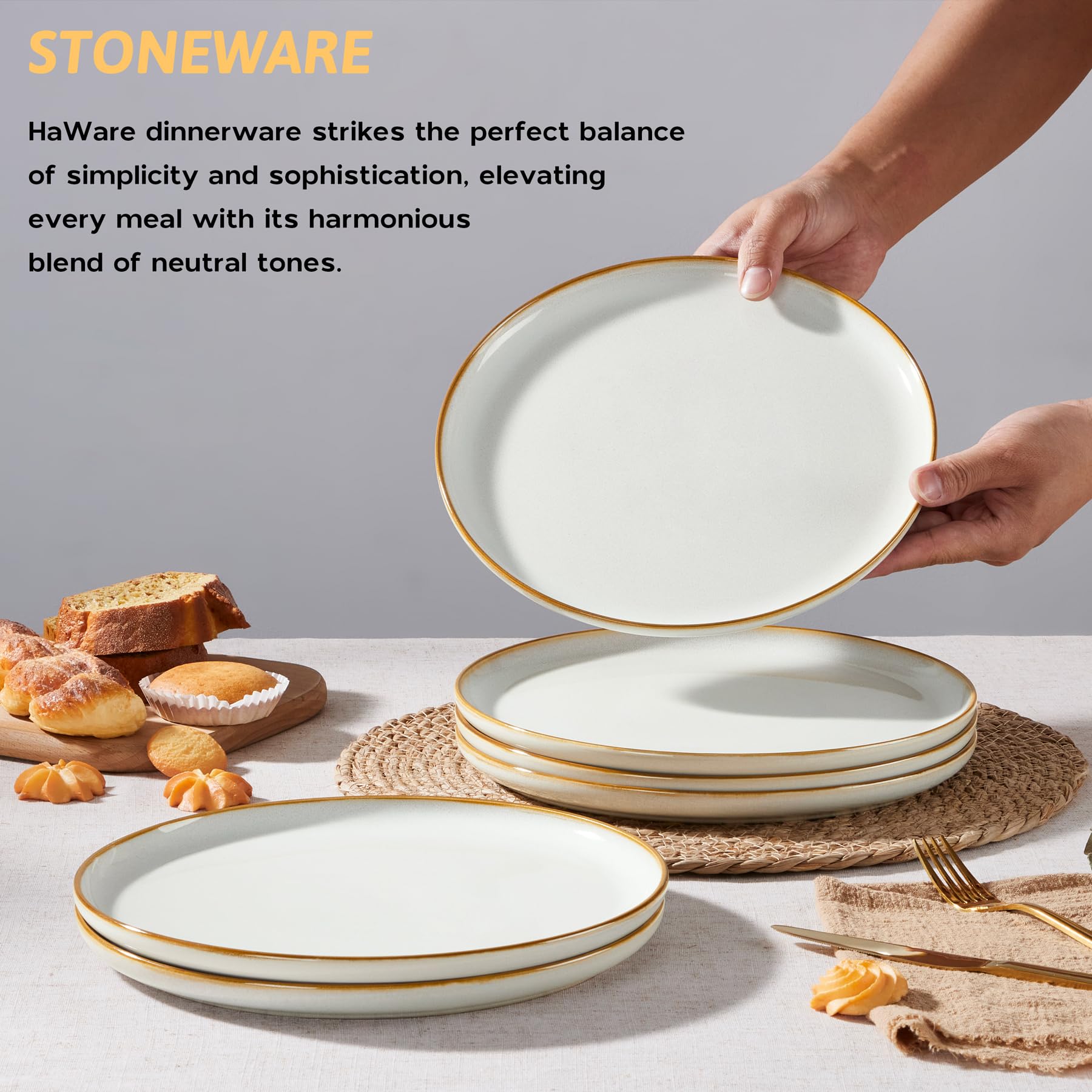 HaWare Lot de 6 grandes assiettes rondes en céramique émaillée réactive de 26,7 cm pour maison, restaurant, résistantes aux éclats et aux rayures, passent au micro-ondes et au lave-vaisselle, blanc