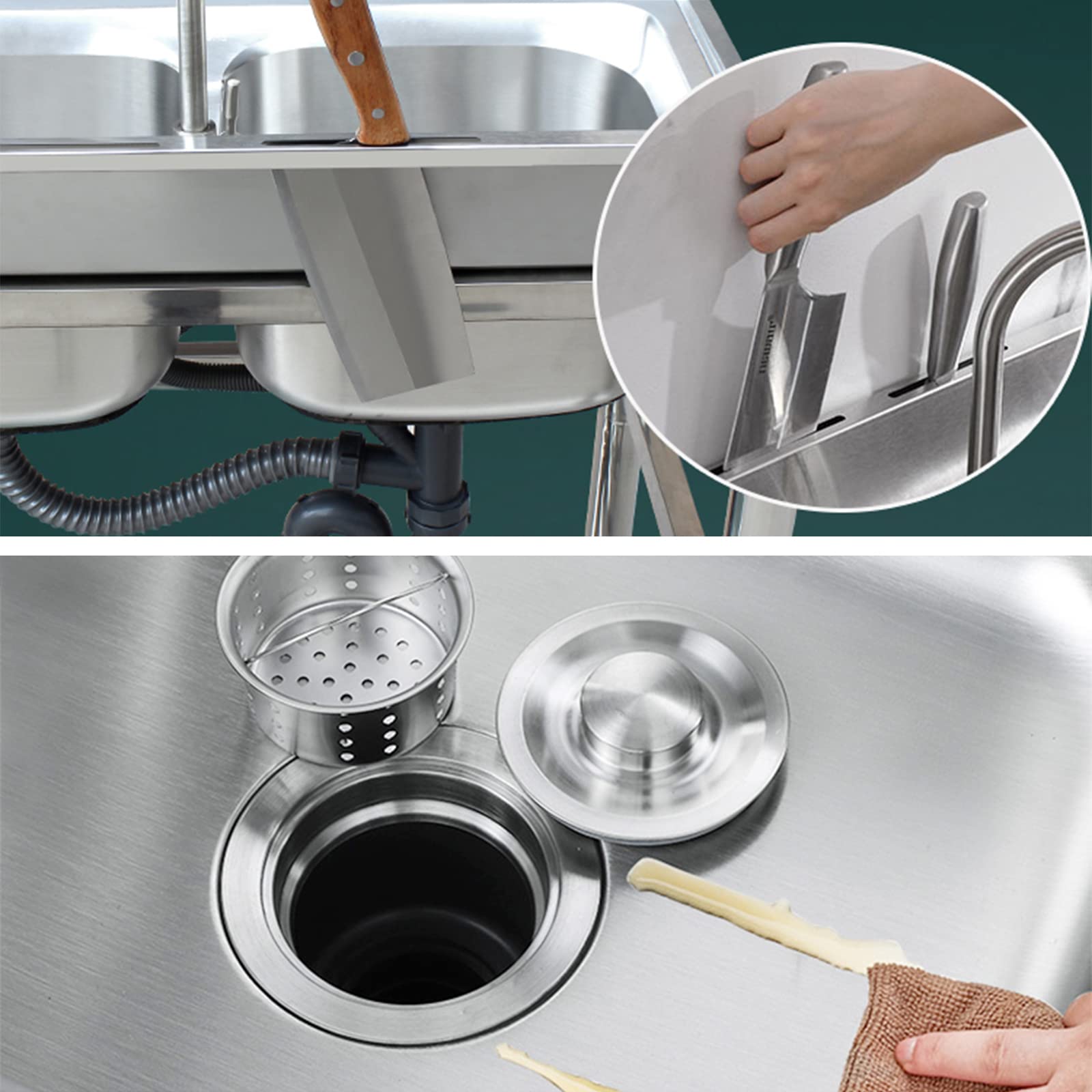 Lavandino a una vasca in acciaio inox, lavello di servizio a libera installazione, lavello da cucina per ristoranti commerciali, con banco di lavoro e ripiani di stoccaggio(120cm/47in,右)