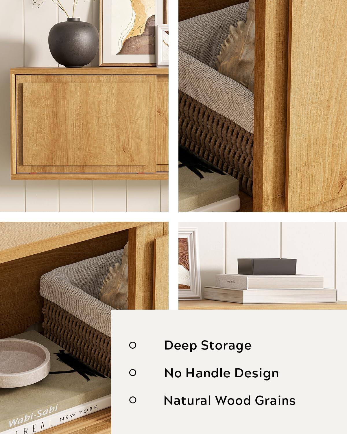 Floating TV Stand, 30" Multi-Purpose Modern TV Display Shelf Console Entertainment Center Cabinet with Sliding Doors for Bedroom Living Room Entryway, Natural Oak