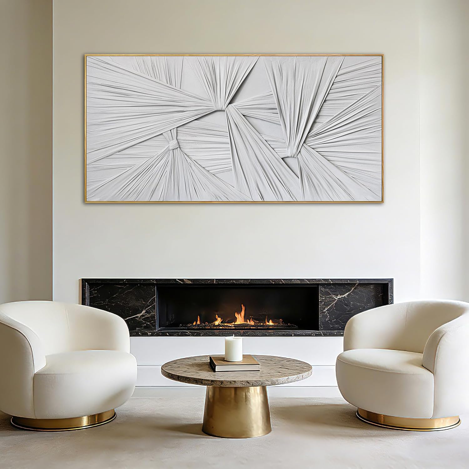 White Abstract Framed Canvas Wall Art, Textured Sculptural Minimalist Artwork, Modern Neutral Wall Decor for Living Room Bedroom Office, Above Sofa, 24x48 Inch