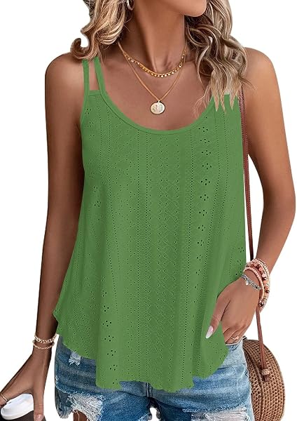 WNEEDU 2026 Womens Summer Tank Tops Eyelet Embroidery Sleeveless Spaghetti Strap Pleated Flowy Scoop Neck Hollow Cami - 5