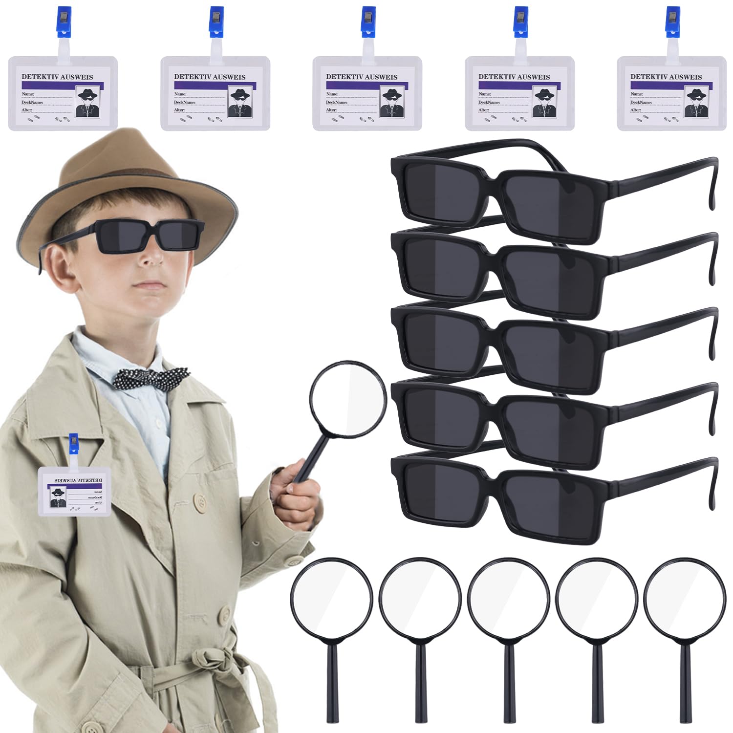 Detective Party Favors, 15pcs Detective Set Eyeglasses Magnifying Glasses Name Tag Secret Agent Kid Detective Game Toy Kit Escape Room Party Favors