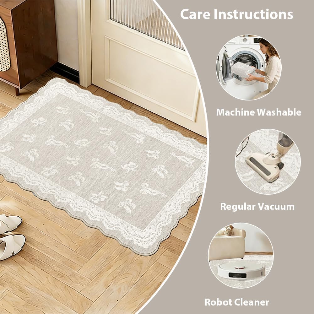 ORTIGIA Washable Scalloped Entry Rug 2x3, Non-Slip Low Pile Greige Bathroom Mat, Neutral Grey Beige Bow Door Mat for Entryway Dorm Nursery Hallway Indoor
