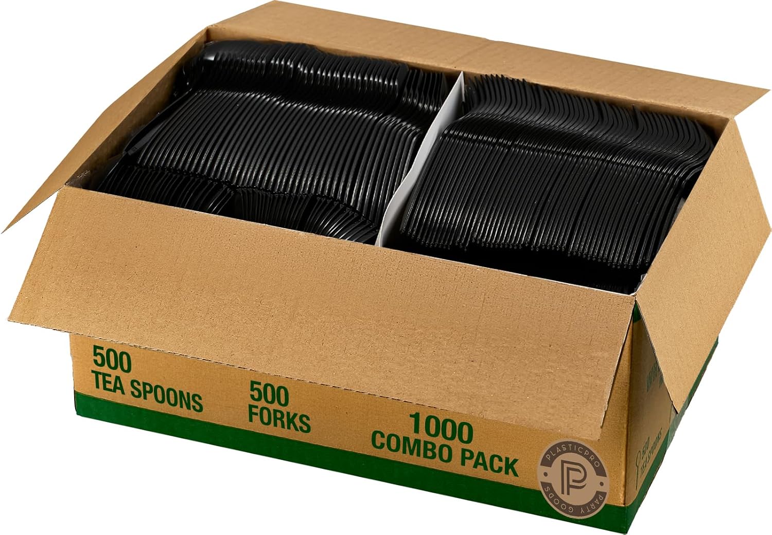Plasticpro Silverware Cutlery Combo Set 500 Plastic Teaspoons & 500 Plastic Forks Medium Weight Disposable Silverware Black (1000 Count Total)